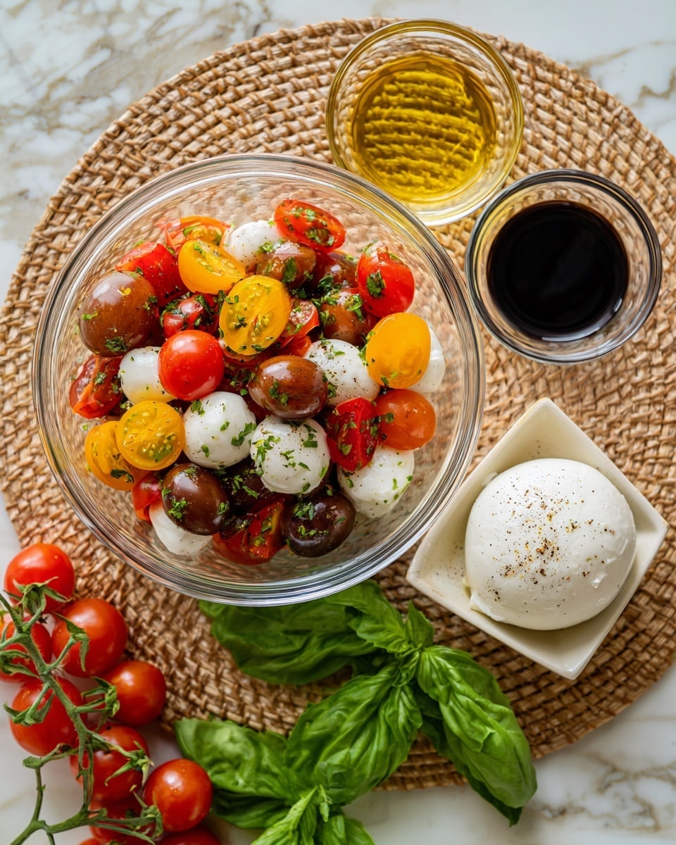 A clear glass bowl filled with a colorful mix of halved cherry tomatoes in red, yellow, and orange, sprinkled with green herbs and a light dressing. Surrounding this bowl are three smaller clear glass bowls: one with dark balsamic vinegar, another with golden olive oil, and the last holding a smooth, round white ball of fresh mozzarella cheese with black pepper on top. Bright red cherry tomato clusters still on their vine and fresh green basil leaves lie on a white marbled surface beneath. All elements are placed on a woven, light brown placemat. Photo taken with an iphone --ar 4:5 --v 7