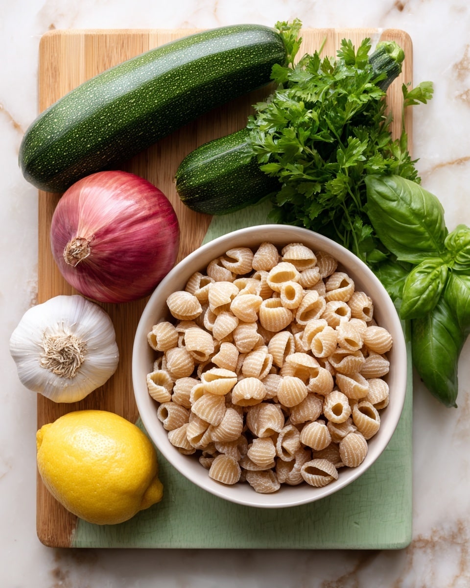 The image shows a white bowl filled with light tan round pasta on the top right of a pale green cutting board. On the cutting board, there is a bunch of fresh green parsley on the top left, a whole green zucchini with patches of light marks horizontally in the center, a large red onion below the zucchini, and a bunch of green basil leaves on the bottom right. On the bottom left corner, a yellow lemon and a whole white garlic bulb sit side by side against a white marbled background. Photo taken with an iphone --ar 4:5 --v 7