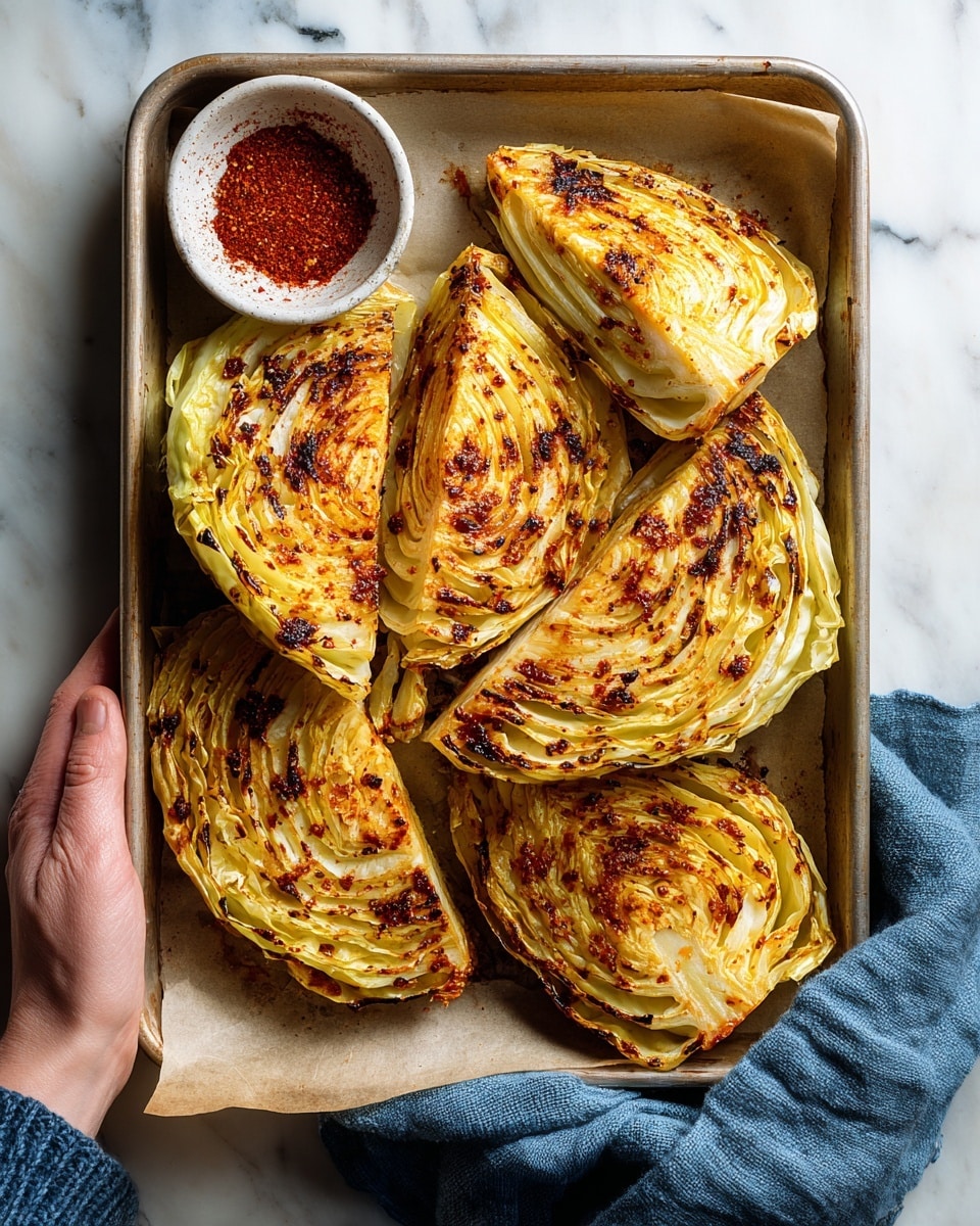A baking tray lined with parchment paper holds five large wedges of roasted cabbage, each wedge showing tightly packed layers of cabbage leaves with a golden yellow base color and charred dark brown and reddish spots from roasting and spices. The edges of the cabbage wedges are darker and slightly burnt, adding texture contrast. In the top left corner, there is a small white bowl filled with red paprika powder, adding a pop of red color. Below the tray, a woman's hand holds it gently while a blue cloth lies on the white marbled surface below. The overall look is warm, rustic, and inviting, highlighting the roasted cabbage's crispy textures and rich seasoning photo taken with an iphone --ar 4:5 --v 7