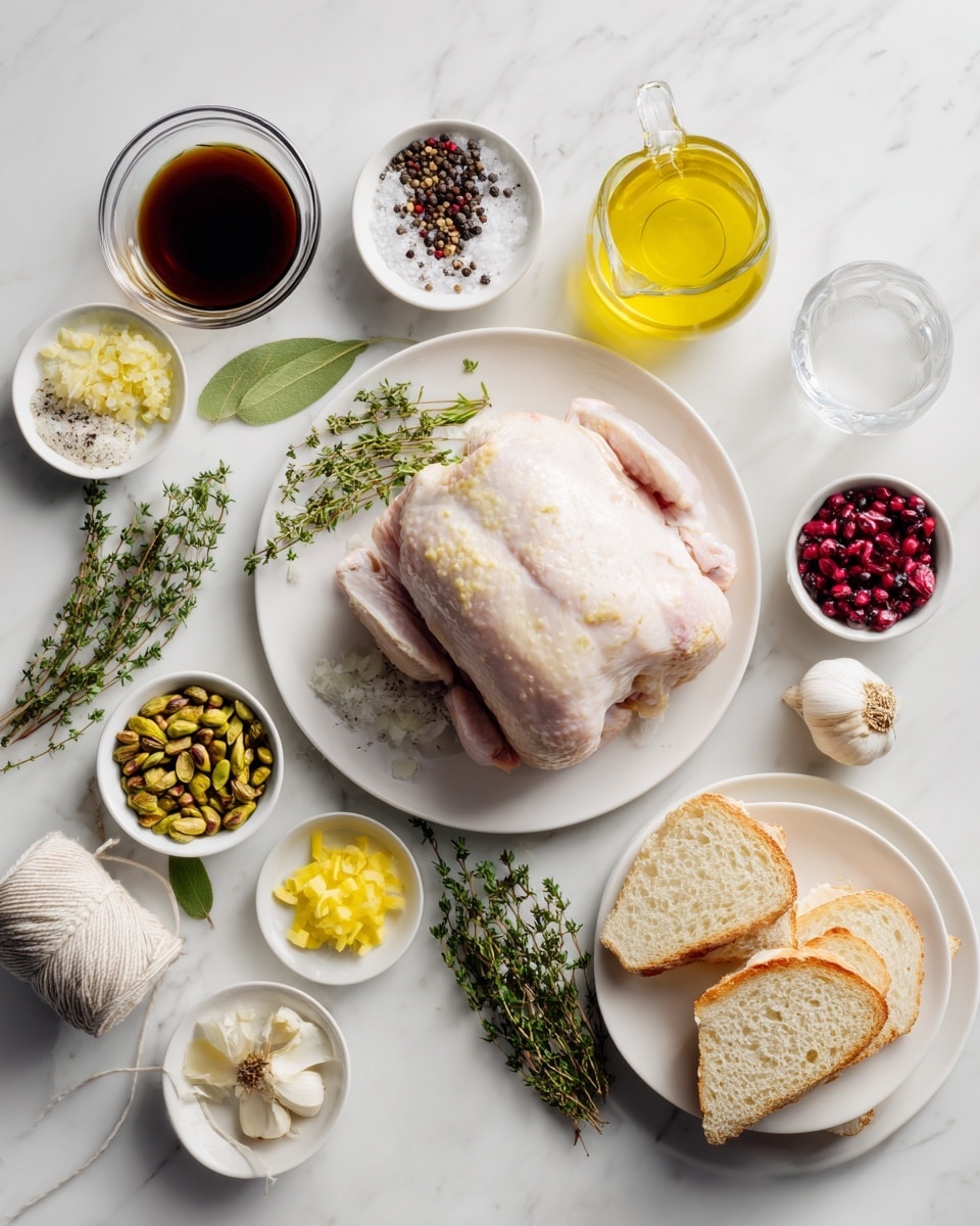 The image shows a white round plate in the center with a raw chicken piece that has pale pink skin and a soft texture. Around the plate are small white bowls and glass containers arranged evenly on a white marbled surface. The bowls contain various ingredients: dark brown liquid, coarse white salt, black peppercorns, green pistachios, red dried berries, black ground pepper, light yellow butter cube, and chopped white onions. There are also fresh green thyme sprigs, two garlic cloves near three bay leaves, a small glass with yellow oil, two slices of light brown bread on a white plate, a clear measuring cup with water, and a bundle of white string. The photo looks bright and clean. photo taken with an iphone --ar 4:5 --v 7