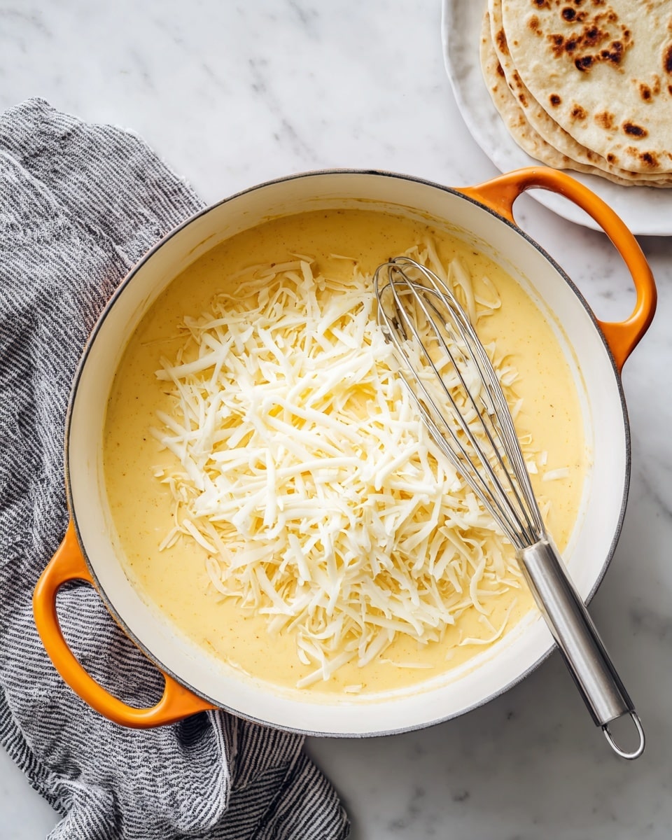 A white pot with bright orange handles sits on a white marbled surface, filled halfway with a smooth, light yellow mixture. On top of the mixture is a large, uneven layer of shredded white cheese. A silver whisk rests in the pot, partially covered with cheese and mixture. In the top right corner, a white plate holds a round piece of lightly browned flatbread. A gray and white striped cloth is placed on the left side of the frame. photo taken with an iphone --ar 4:5 --v 7