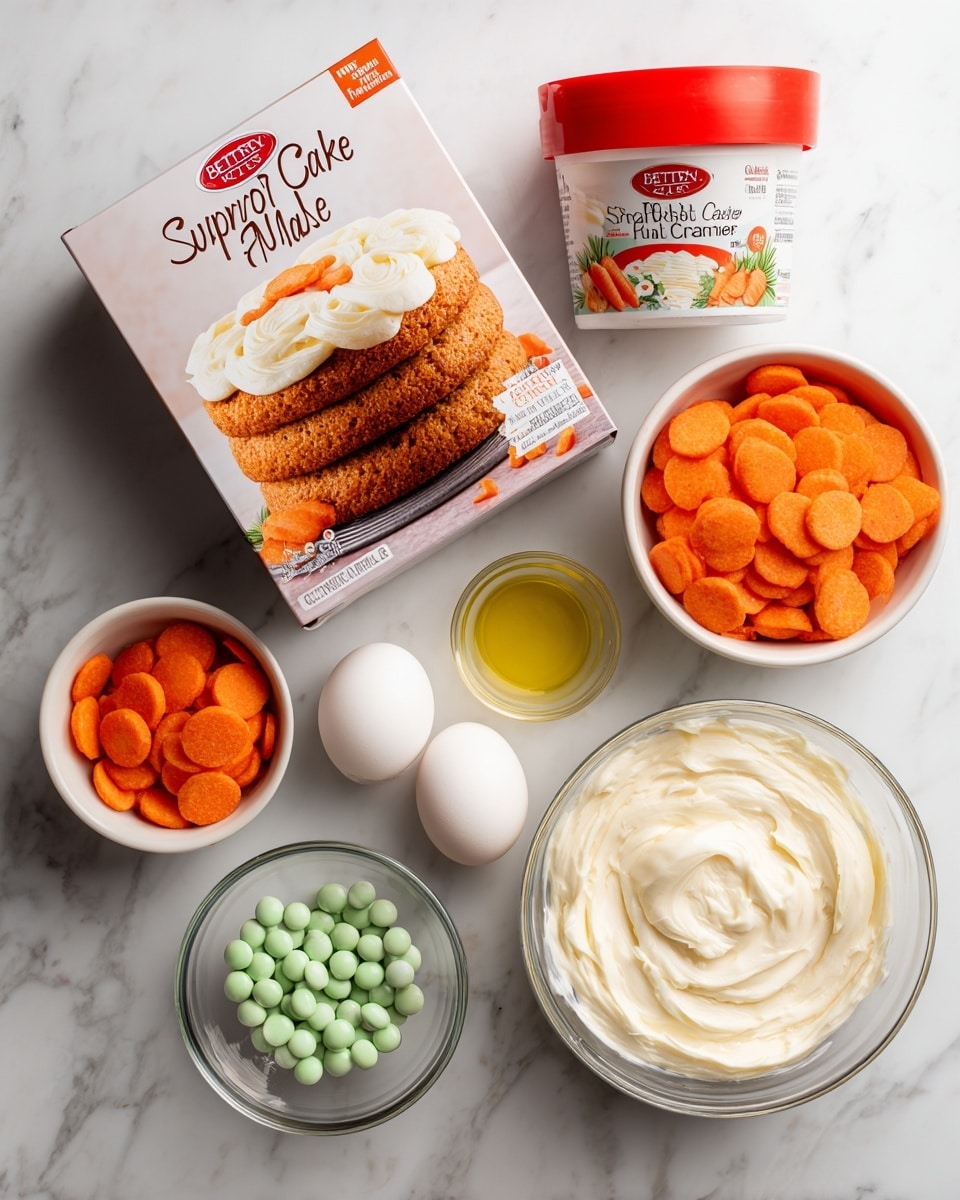 The image shows a top view of a white marbled surface with baking ingredients neatly arranged. In the center, there is a box of Betty Crocker Super Moist Carrot Cake Mix with pictures of a two-layer carrot cake with off-white frosting. Around the box, there are four white bowls: one contains round orange carrot chips, another has two white eggs, one bowl holds green candy melts, and one clear glass measuring cup contains a light yellow oil. Next to the box is a white container of Betty Crocker Rich & Creamy Cream Cheese frosting with a red lid. photo taken with an iphone --ar 4:5 --v 7