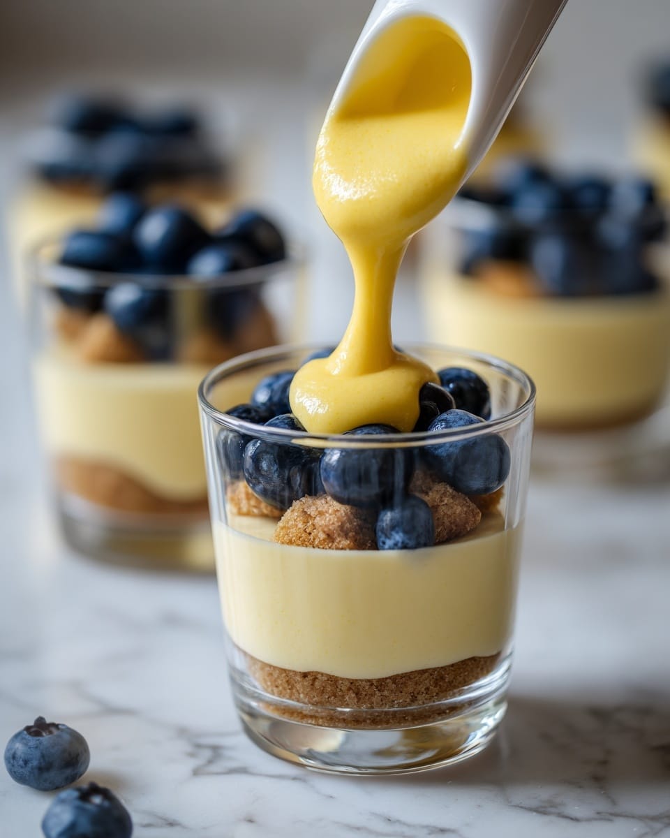 The image shows a clear glass cup with four visible layers. At the bottom is a pale yellow custard layer, followed by a white creamy layer above it. On top of this is a layer of fresh blueberries, which are dark blue and round, sitting on small light brown cake pieces. The top layer is a thick, smooth bright yellow custard being spooned into the cup from a white piping bag. The cup is placed on a white marbled surface, and in the background, there are several similar glasses with the same dessert. photo taken with an iphone --ar 4:5 --v 7