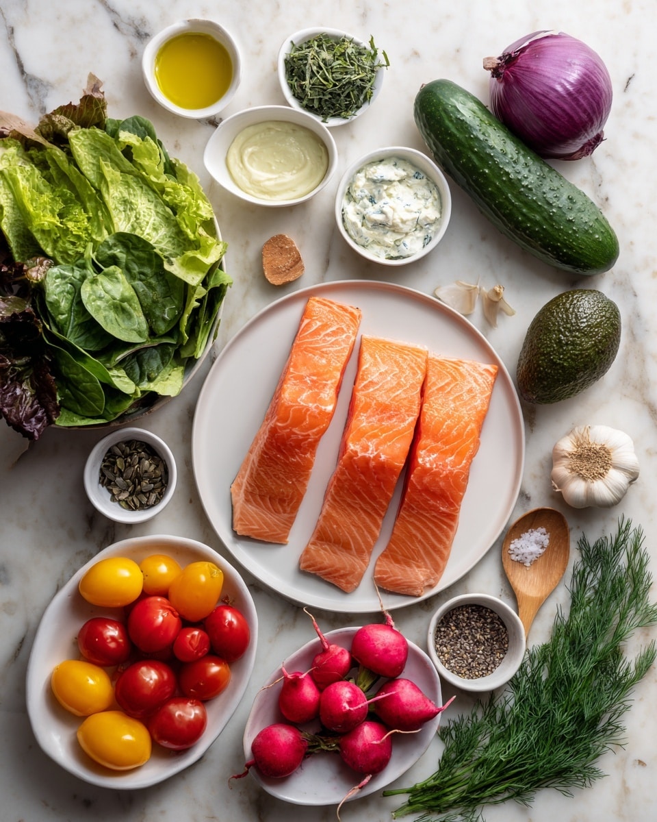 Three raw salmon fillets lie flat in a white baking tray on a white marbled surface. Two fillets are sprinkled with a mix of black, white, and golden seeds and spices, covering the top surfaces unevenly, while the third fillet remains plain. A woman's hand holds a wooden spoon above the fillets, sprinkling more of the seed mix onto one of the coated pieces. The salmon’s bright orange-pink flesh is smooth and fresh, showing light white marbling lines. Photo taken with an iphone --ar 4:5 --v 7