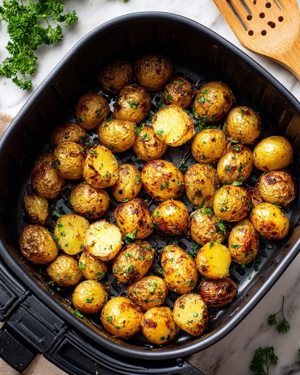 The image shows a black air fryer basket filled with golden-brown roasted baby potatoes, some whole and some cut in half, sprinkled with small green herb pieces. The potatoes have a crispy, slightly shiny texture and are spread evenly across the basket. The basket is sitting on a white marbled surface with a few green parsley sprigs scattered around it. A wooden spatula with holes is placed in the upper right corner of the image. photo taken with an iphone --ar 4:5 --v 7