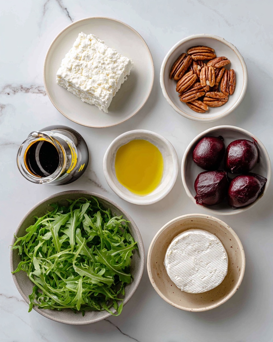 The image shows six items on a white marbled surface arranged neatly. In the top left, there is a white plate holding a block of crumbly white cheese with a rough texture. To the right, a small white bowl contains several shiny brown pecans. Below that, another white bowl holds four small, smooth, deep purple-red beets. On the lower left side, a grayish bowl is filled with fresh green arugula leaves that look fresh and crisp. Below the arugula, there is a clear glass bottle of dark brown balsamic glaze with a yellow label. In the bottom center, a small white bowl contains some golden yellow olive oil. Finally, on the bottom right, there is a beige ceramic bowl holding a log of soft white goat cheese with some crumbly bits on the edge. Photo taken with an iphone --ar 4:5 --v 7