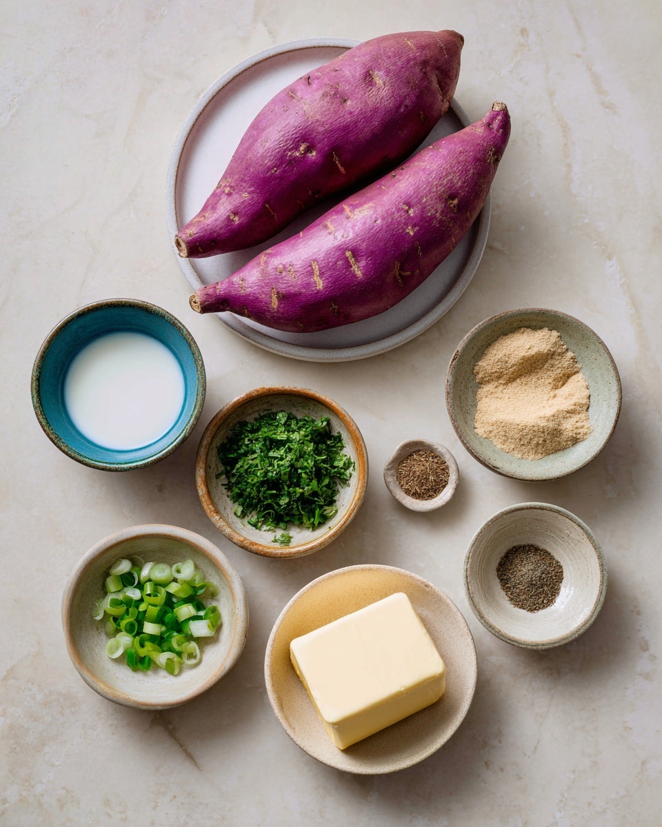 Quick & Easy Mashed Purple Sweet Potatoes (Side Dish) Recipe 4 The image shows a top-down view of cooking ingredients arranged neatly on a white marbled surface. At the top center, two large purple sweet potatoes rest on a white plate. Surrounding them are small ceramic bowls holding various ingredients: a blue bowl with white liquid at the top left, a brown bowl with chopped green parsley below it, a beige bowl with a small pile of light brown powder to the right of the parsley, a tiny beige bowl with a pinch of dark brown spice at the bottom right, a small white bowl containing chopped green onions at the bottom left, and a larger cream-colored bowl holding a block of light yellow butter at the bottom center. The colors range from earthy purples and greens to soft yellows and browns, set against the pale background. photo taken with an iphone --ar 4:5 --v 7