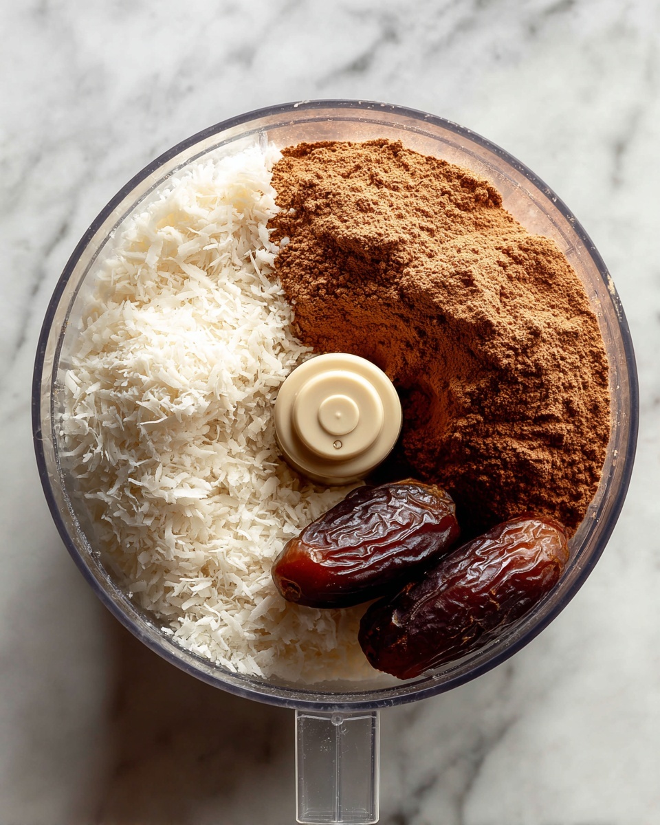Quick & Easy Mint Chocolate Energy Balls Recipe 5 Inside a clear food processor bowl, there are four distinct layers of ingredients resting on the blades at the bottom. On the left side, white shredded coconut forms a rough textured mound. Next to it on the right is a fine powder of light brown cocoa. At the bottom, two whole, shiny dates sit side by side, one of which is split open, revealing its soft inside. The food processor sits on a surface with a white marbled texture. Photo taken with an iphone --ar 4:5 --v 7