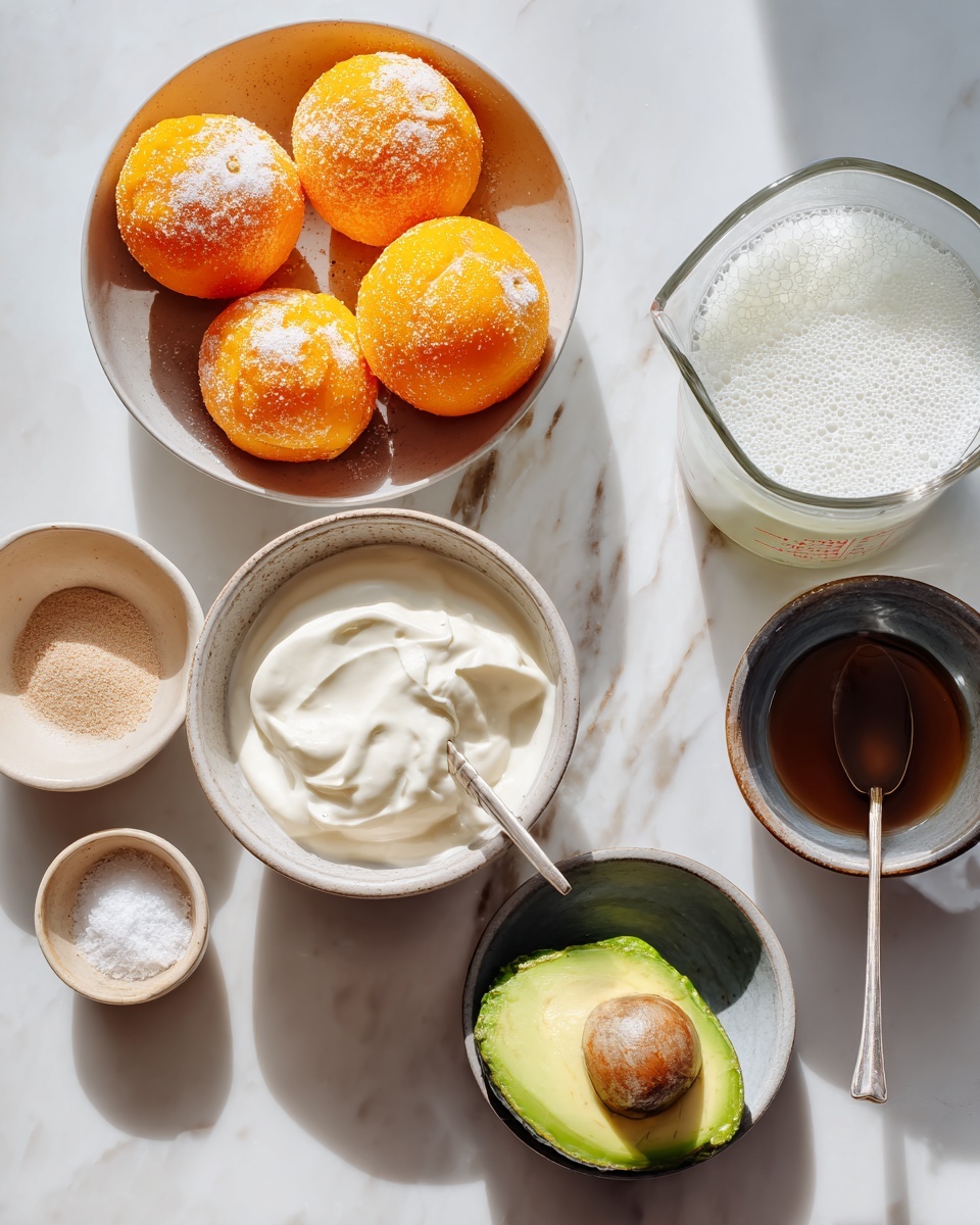 Healthy Mango Orange Smoothie with Yogurt Recipe 4 This image shows several small white bowls and a white measuring cup placed on a white marbled surface. One bowl is filled with bright orange frozen mango chunks covered in frost. Another bowl holds three peeled mandarins with a slightly frosted surface. A third bowl contains smooth, creamy white yogurt with a silver spoon inside. A small dark bowl has half a green avocado with a bit of brown on the edges. There are also two small beige bowls, one filled with light brown powder and white salt, and the other with dark brown liquid. The large transparent measuring cup contains a foamy white liquid. The photo has a bright, natural light and soft shadows. photo taken with an iphone --ar 4:5 --v 7