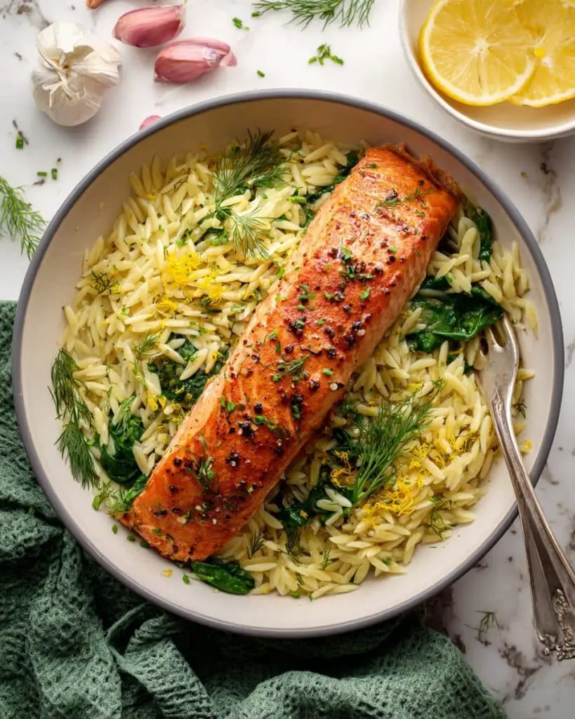 Lightened-Up Lemon Salmon Orzo Pasta Recipe