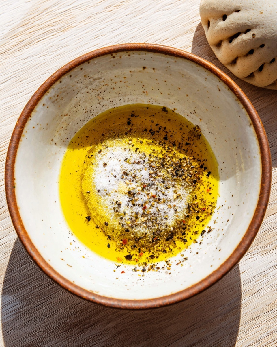 A white speckled bowl with a brown rim contains three visible layers: the bottom layer is a pool of golden yellow oil, topped by a thin, dark brown liquid layer surrounding white powder with a slightly coarse texture, sprinkled with black pepper and other small dark spices. The bowl sits on a light wooden surface with a ceramic citrus juicer partially visible at the top right. photo taken with an iphone --ar 4:5 --v 7