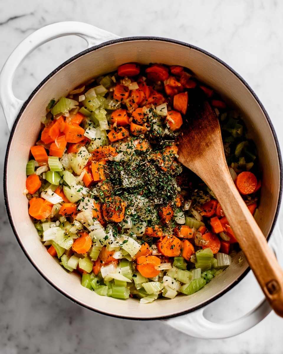 Inside a white pot, there are three layers of chopped vegetables: orange carrot slices, green celery pieces, and white onion bits. The vegetables are mixed together and sprinkled with small sprigs of dried herbs, giving a speckled green and black look. A wooden spoon is resting inside the pot, stirring the vegetables gently. The scene is set on a white marbled surface with soft lighting, highlighting the fresh and natural textures of the vegetables photo taken with an iphone --ar 4:5 --v 7