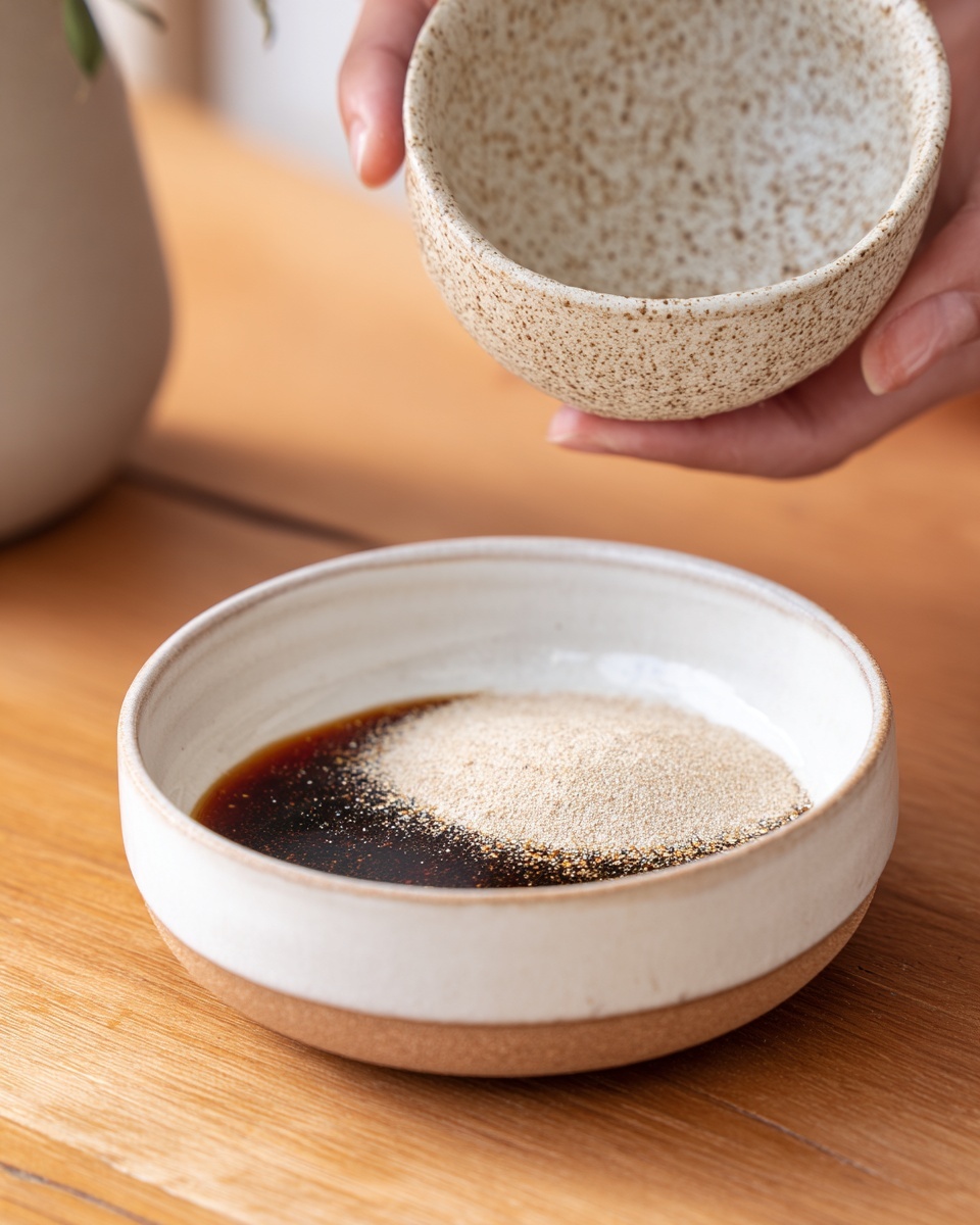 A close-up view shows a white bowl with a soft brown edge placed on a wooden surface, containing two layers of sauce; the bottom layer is dark red with a smooth, glossy texture, while the top layer is a light beige powder sprinkled gently over the dark sauce. Above the bowl, a woman's hand is tipping a small beige speckled ceramic bowl, suggesting it is about to add more ingredients. The background is softly blurred. photo taken with an iphone --ar 4:5 --v 7