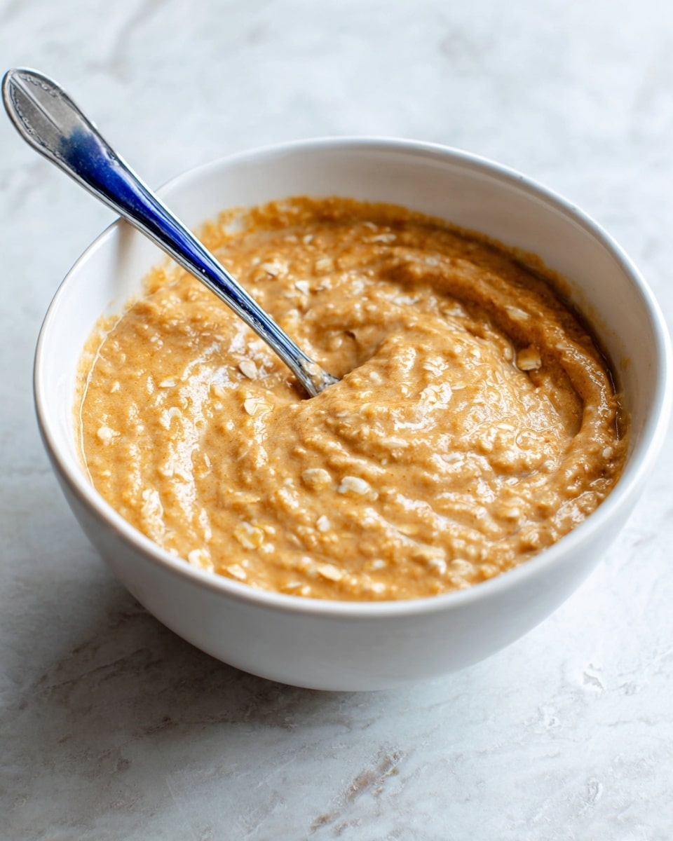 A white bowl filled with a thick, creamy mixture that is orange-brown in color with small oat pieces visible throughout. A spoon with a metal handle and blue silicone part is dipped into the mixture, resting near the edge inside the bowl. The bowl sits on a surface with white marbled texture. The mixture shows some uneven marks and swirls, giving it a textured look. photo taken with an iphone --ar 4:5 --v 7