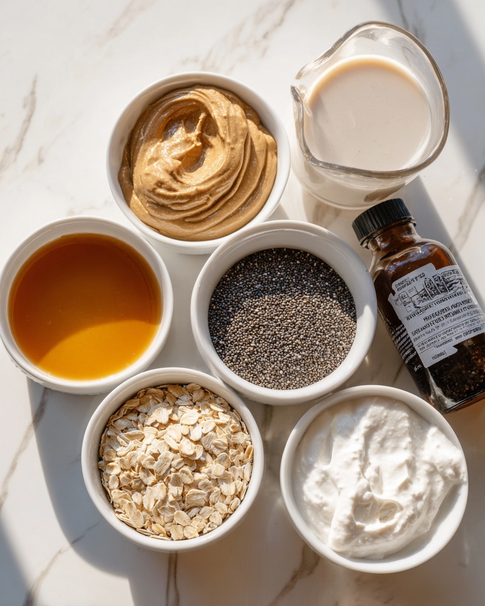 A close-up image of a glass jar filled with a creamy mixture that has a light beige color and small dark seeds visible throughout, layered with chunks of red-skinned apple pieces. On top of the jar, a spoon holds a scoop of this creamy mix drizzled with a smooth, light brown nut butter sauce that has a slightly grainy texture. The apple pieces inside the jar are fresh and slightly shiny, adding a bright red and pale yellow color contrast to the creamy base. The jar is set on a white marbled surface, and the photo captures the texture of the creamy mixture along with the shiny spoon. photo taken with an iphone --ar 4:5 --v 7