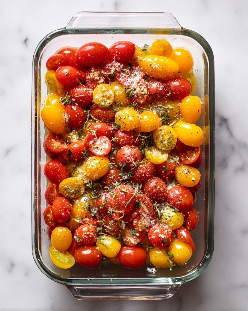 The image shows a glass rectangular dish filled with two layers of halved cherry tomatoes, mixed with bright red and yellow colors. The tomatoes are spread evenly in the dish, creating a colorful and fresh look. Over the tomatoes, there is a light sprinkle of coarse salt and cracked black pepper, adding texture and contrast. The dish is placed on a white marbled surface, giving it a clean and fresh background. Photo taken with an iphone --ar 4:5 --v 7
