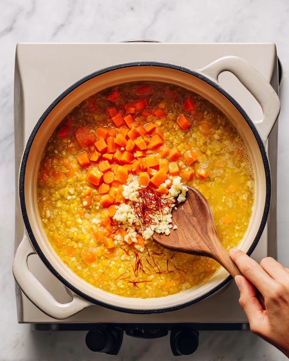 A white pot with a black rim sits on a white marbled surface; the first layer shows pieces of diced orange carrots and translucent chopped onions stirring around a wooden spoon held by a woman's hand, with crushed garlic added on top. In the next step, the pot contains a golden yellow liquid with orange lentils and pale yellow corn kernels floating in it; on top, there are sprinkled brown spices and thin red strands of saffron resting beside the wooden spoon. Then the pot is shown with its white lid being held by a woman's hand, revealing a simmering soup inside with the lentils and corn softening in the broth. In the last image, a metal immersion blender is stirring the thickened soup, which now appears smooth with bits of orange lentils and pale yellow corn visible in the warm yellow base. photo taken with an iphone --ar 4:5 --v 7