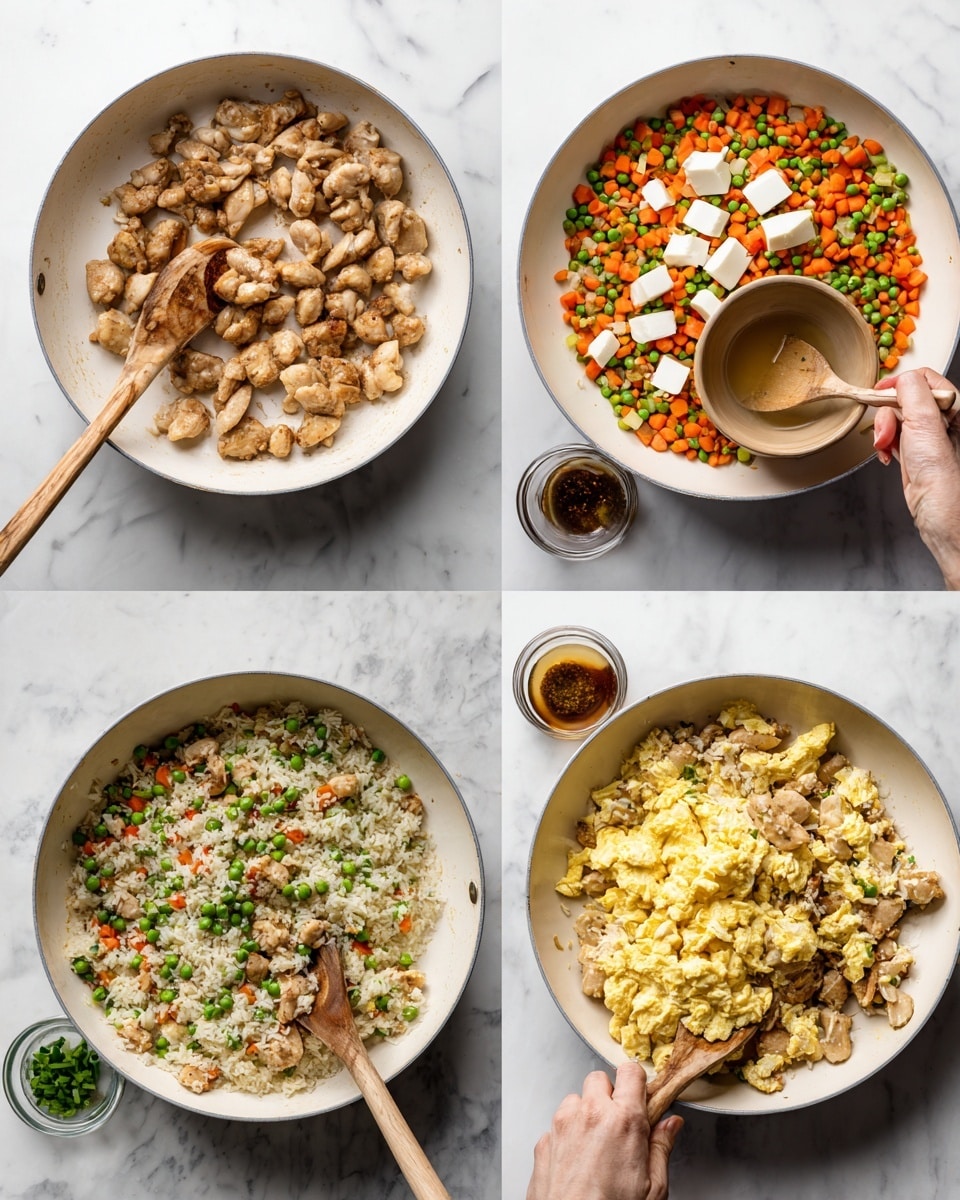 The image shows four white pans with different stages of cooking a dish on a white marbled surface. The top left pan has a layer of small, cooked light brown chicken pieces with a wooden spoon resting on them. The top right pan contains a colorful mix of orange diced carrots, green peas, and white butter cubes melting in the center, with a woman's hand holding a small brown bowl adding more butter, and a wooden spoon on the side. The bottom left pan shows cooked rice mixed with peas, diced carrots, and chopped green onions, stirred with a wooden spoon, with some dark sauce in a small cup nearby. The bottom right pan has the cooked rice and vegetables topped with the cooked chicken pieces and a mound of scrambled eggs, with a wooden spoon resting in the pan. photo taken with an iphone --ar 4:5 --v 7