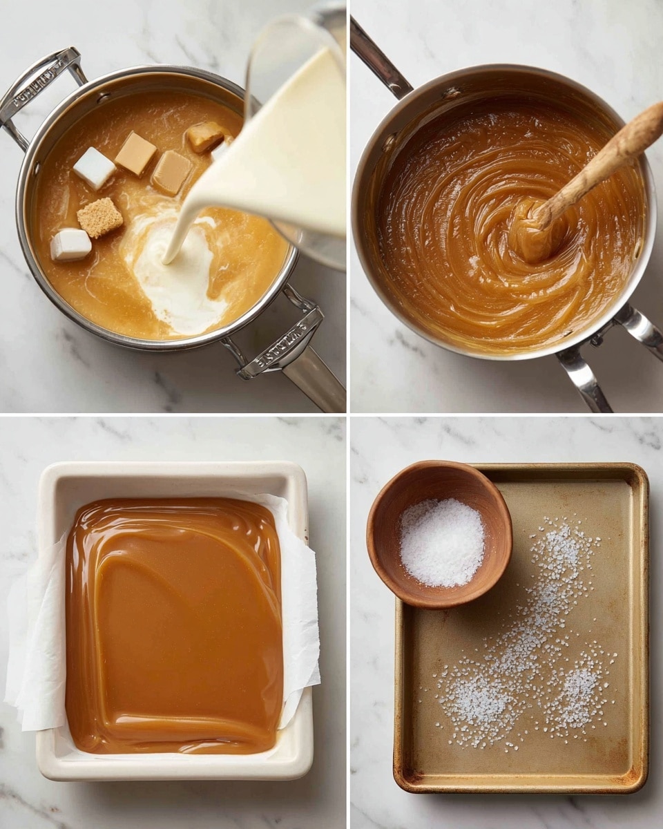 Four images show the process of making caramel. The first image has a silver pan with cream, brown sugar, butter chunks, and white sugar, with cream being poured in. The second image shows the pan again with the caramel mixture bubbling and a wooden spoon stirring it. The third image shows thick caramel sauce being spread in a square white tray lined with parchment paper. The fourth image shows the caramel layer smooth and sprinkled with white flaky salt in the same tray, with a small brown bowl of salt next to it. All images have a white marbled surface under the pans and trays photo taken with an iphone --ar 4:5 --v 7
