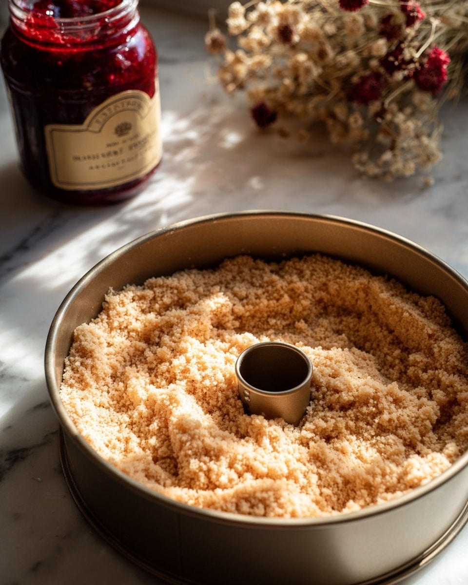 A close-up image of a single-layer crumbly crust mixture in a round metal bundt pan. The mixture is light brown with a coarse, grainy texture and is spread evenly across the base and sides of the pan, with a hollow center tube visible. In the background, there is a jar of deep red wild berry jam with a label and a bouquet of dried flowers lying on a white marbled surface. The scene is lit by natural sunlight creating bright highlights and soft shadows. Photo taken with an iphone --ar 4:5 --v 7