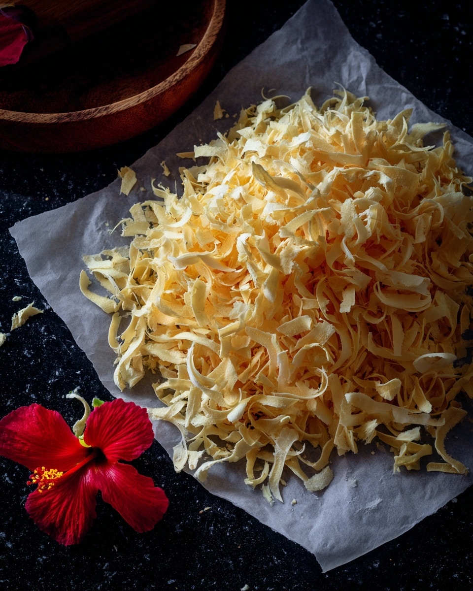 The image shows a large pile of light yellow curled shavings, placed on a piece of paper on a black surface. The shavings have a soft, ribbon-like texture and are scattered loosely around the main pile. Near the bottom left corner, a small vibrant red flower with yellow details is lying on the surface, adding a bright contrast. The background is a white marbled texture photo taken with an iphone --ar 4:5 --v 7