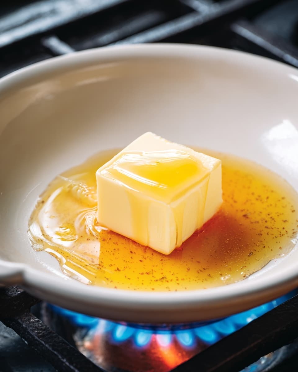A white pan sits on a stove with a bright blue flame underneath. Inside the pan, there is a small cube of butter melting slowly, creating a glossy, golden pool around it. The butter cube is pale yellow with smooth edges, and some of the melted butter has a slightly darker, honey-like color as it spreads. The background has a black metal stove grate that contrasts with the white pan and the warm colors of the melting butter. photo taken with an iphone --ar 4:5 --v 7
