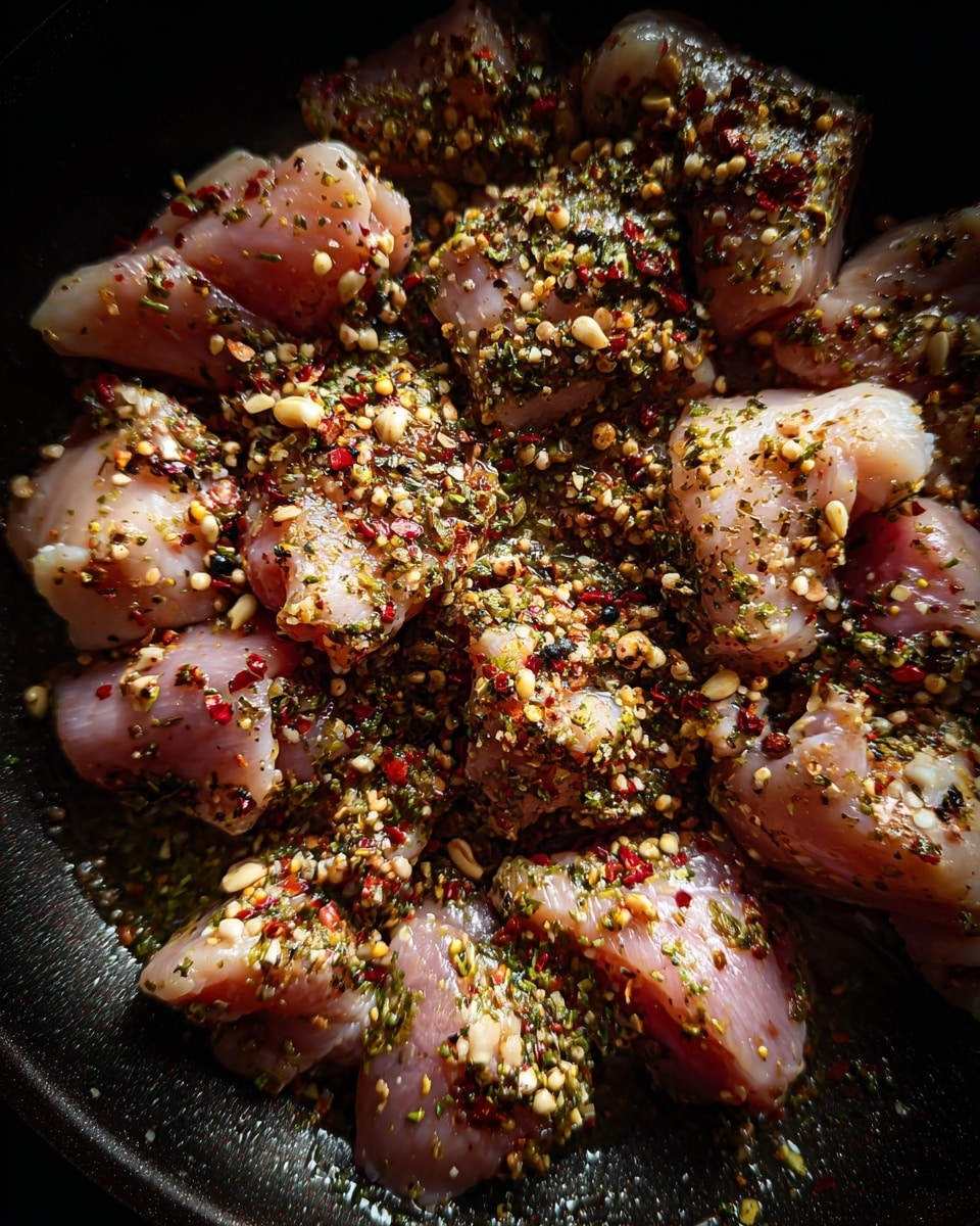 The image shows small pieces of raw chicken layered in a black pan. The chicken pieces are scattered closely and sprinkled with different spices in colors like red, green, and black, adding texture and depth. The pan surface is shiny with oil, which reflects light and highlights the seasoning, showing a mix of oily spots and dry spice areas. The chicken pieces are pale pink, with some parts covered by the more colorful spices, making the scene very vibrant and fresh. Photo taken with an iphone --ar 4:5 --v 7