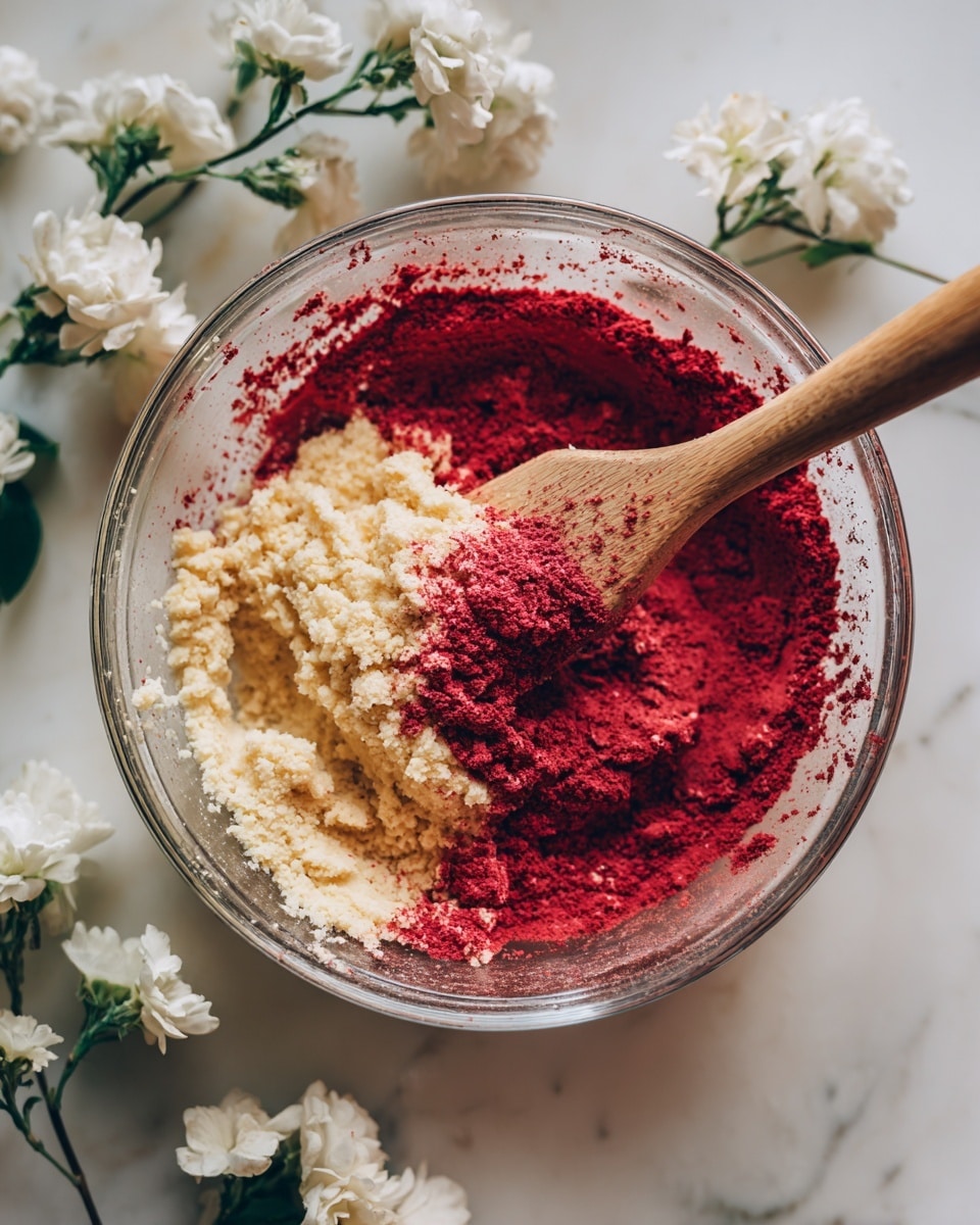 A clear glass bowl holds a mixture of beige dough partly covered by a thick layer of bright red powder sprinkled unevenly along the sides and bottom, with some areas showing the smooth dough underneath. The edge of a wooden spatula, coated with dough and red powder, dips into the bowl from the top, slightly blurred. Around the bowl, white flowers and green stems rest on a white marbled surface, adding a natural touch to the scene. The photo taken with an iphone --ar 4:5 --v 7