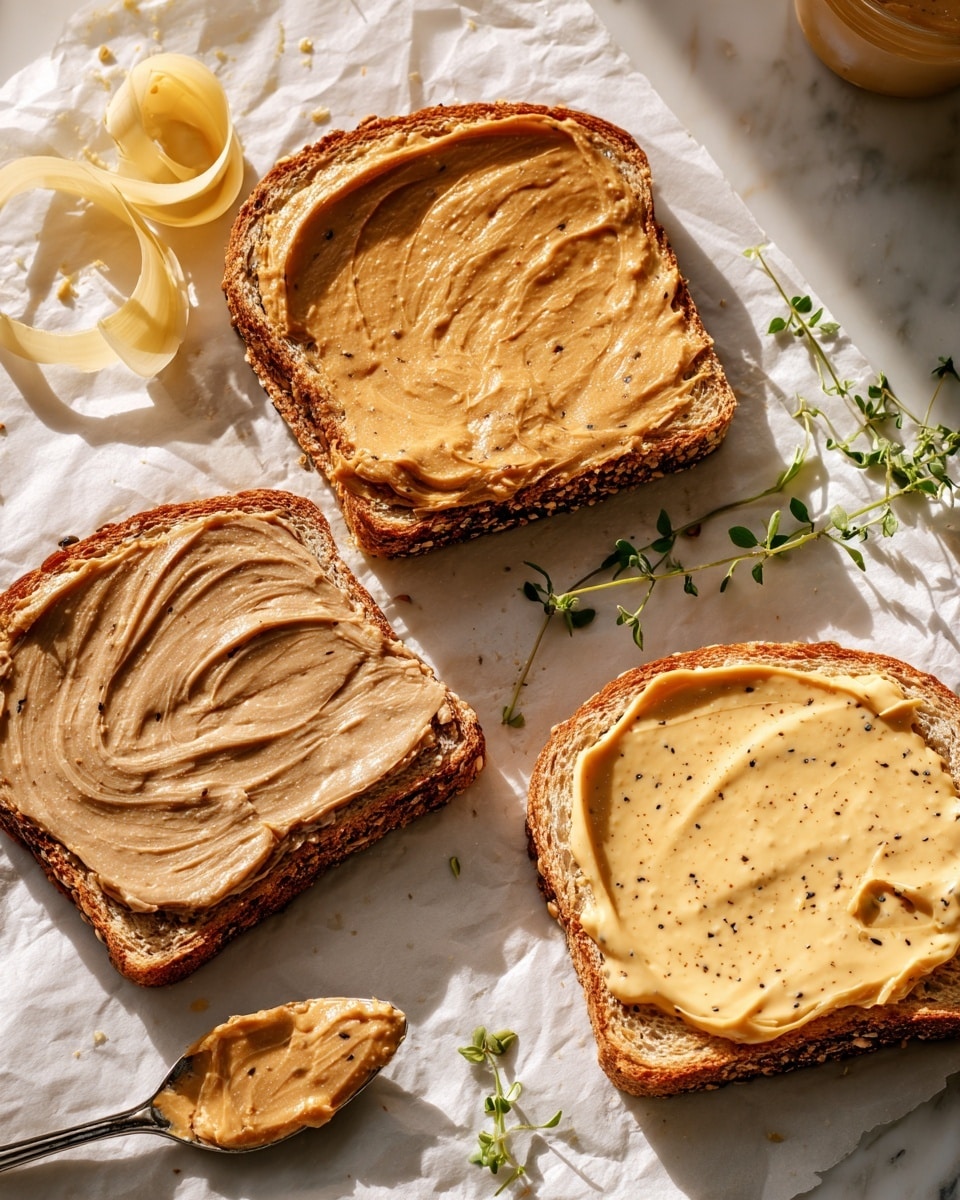 Three slices of toasted multigrain bread are shown on a white marbled surface lined with parchment paper. The first slice in the front center has a thick layer of smooth, light brown spread, slightly shiny with a few tiny specks. To the left, a second toast has the same spread, but slightly thinner and more swirled. The third slice to the right has a pale yellow spread with a creamy texture and tiny black specks. Behind the bread, there are thin curls of a pale yellow solid arranged loosely with a few small green herb sprigs on top. A spoon with a dollop of the light brown spread rests nearby. The sunlight highlights the textures, making the scene warm and inviting. Photo taken with an iphone --ar 4:5 --v 7