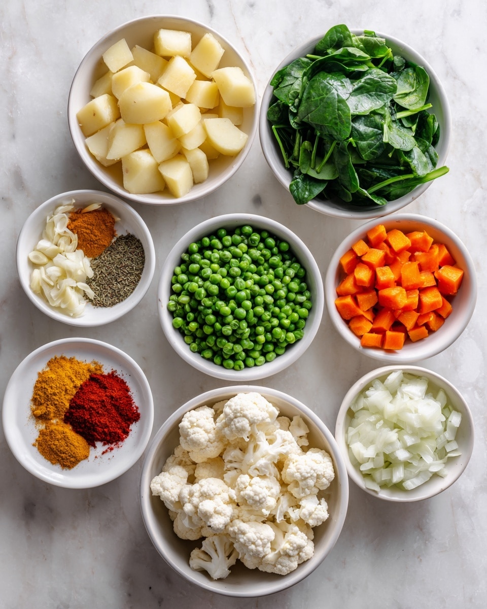 The image shows nine white bowls and plates arranged on a white marbled surface. Starting at the bottom center, there is a large shallow bowl filled with broken white cauliflower pieces showing a rough texture. To the left, a white bowl holds pale yellow potato chunks with a smooth, solid appearance. Below and slightly to the left, a small white plate contains finely chopped garlic with specks of green herbs mixed in. Above it, a white bowl is packed with fresh green leafy spinach, showing lots of vibrant leaves with a slightly shiny texture. At the center right, there is a white bowl with many small bright green peas that are round and smooth. Above that, a white bowl contains irregular orange carrot pieces, cut into short chunks with a matte surface. To the right, another white bowl holds chopped white onions, finely diced with a slightly wet texture. At the top, a white plate is divided into four sections, each holding different spices: light brown ground cumin, orange turmeric powder, bright red chili powder, and dark brown cumin seeds. The layout forms a loose circle with a variety of colors and textures. photo taken with an iphone --ar 4:5 --v 7