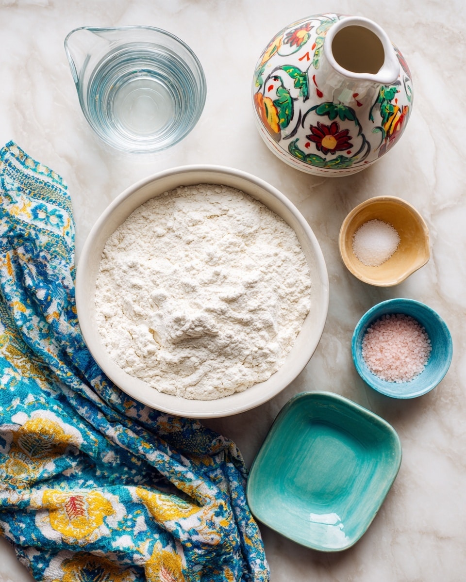 A white bowl filled with a layer of white flour sits on a white marbled surface. Nearby, a clear measuring cup holds water and a small tray contains light brown yeast in a blue-green bowl, and pink salt in a smaller bowl next to it. A white ceramic container with a colorful floral design on its side is placed near the flour bowl. A colorful cloth with blue, green, and yellow patterns is spread partially underneath the bowls, adding a soft texture to the scene. Photo taken with an iphone --ar 4:5 --v 7