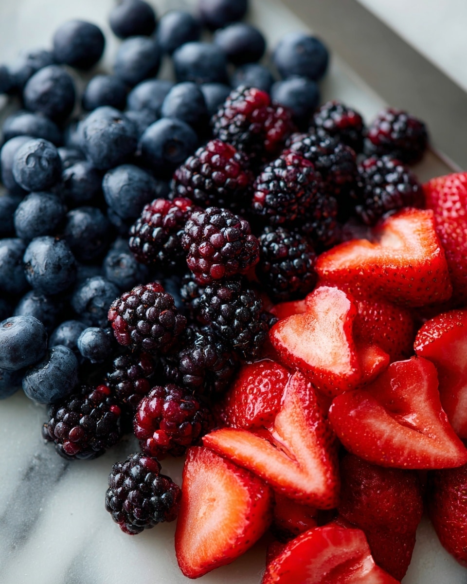 The image shows a close-up of three different types of berries placed closely together on a white marbled surface. On the left side, there is a pile of fresh, dark blue blueberries with a smooth, round texture. Next to them, on the right, are blackberries, some whole and some cut to show their deep purple inside with a slightly bumpy texture. Below both berries, there is a pile of sliced strawberries with bright red color and vivid seeds, showing their juicy inside. A woman’s hand is not visible in the frame, but a knife can be seen at the top. The overall look is colorful and fresh. photo taken with an iphone --ar 4:5 --v 7