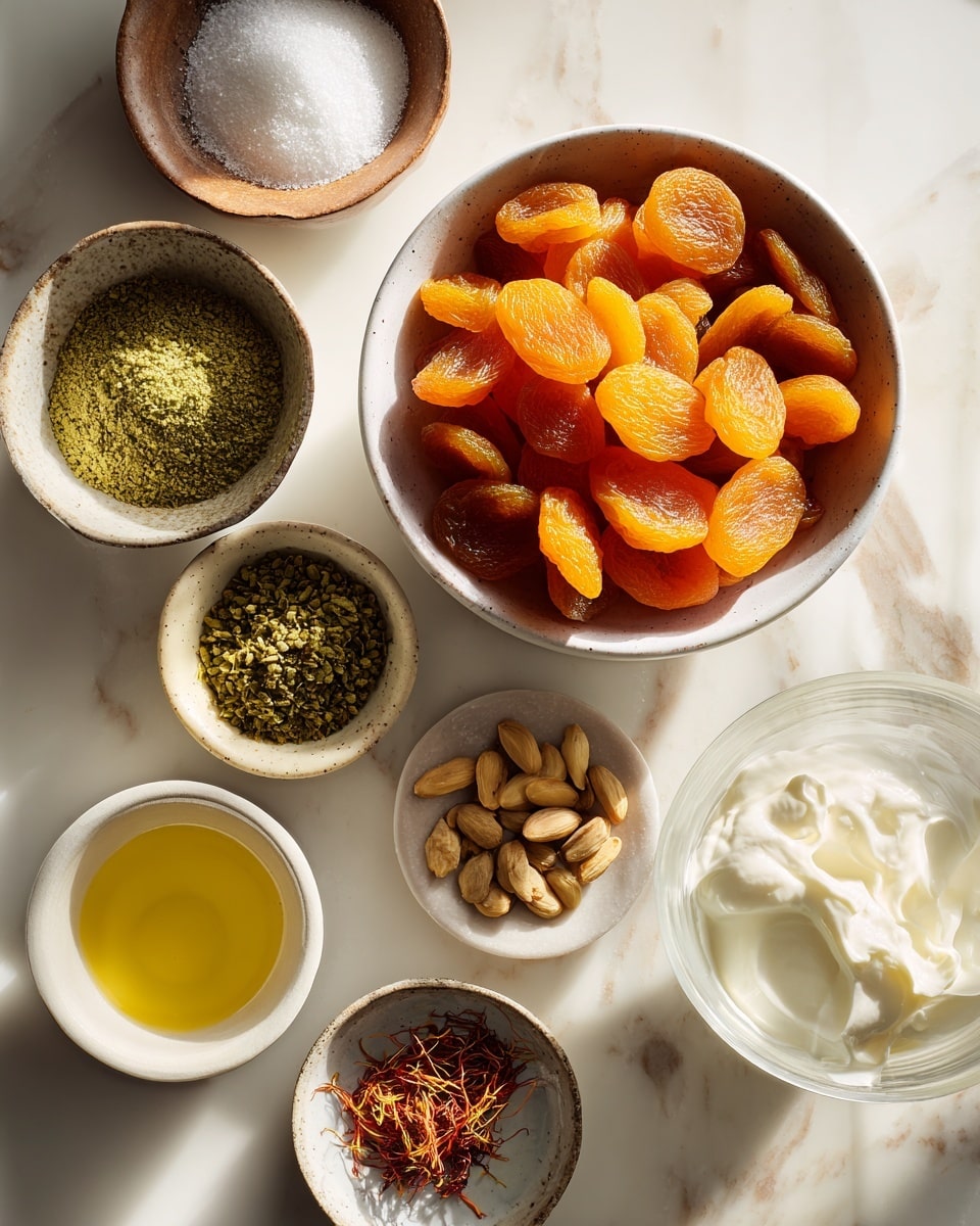 The image shows two clear glass dessert cups on a white marbled textured surface. Each cup has two layers: a bottom layer of bright orange puree with a smooth texture, and a top layer of creamy white yogurt or cream, sprinkled with chopped green nuts, light brown almond slices, and thin red saffron strands. The glasses stand on short stems with round bases, and there are a few orange dried pieces, possibly apricots, scattered on the surface around the glasses. The photo taken with an iphone --ar 4:5 --v 7