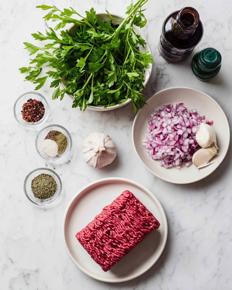 The image shows various ingredients arranged on a white marbled surface. At the center bottom, there is a white plate with a thick, rectangular piece of raw ground beef, deep red with a slightly rough texture. To the top right, a white plate holds finely chopped red onions and two whole garlic cloves, showing a mix of purple and white shades with smooth textures. Above that, there is a round bowl filled with fresh green parsley leaves, vibrant and leafy, with long stems mostly gathered inside the bowl. To the left, a small clear glass dish contains four types of dried herbs and spices in small piles: black, red flakes, light brown, and greenish. At the top left corner, a dark bottle with a round neck is visible, and at the bottom right, a dark bottle with a green cap lies diagonally, partially out of frame. The setup is clean and bright, all items clearly visible. Photo taken with an iphone --ar 4:5 --v 7