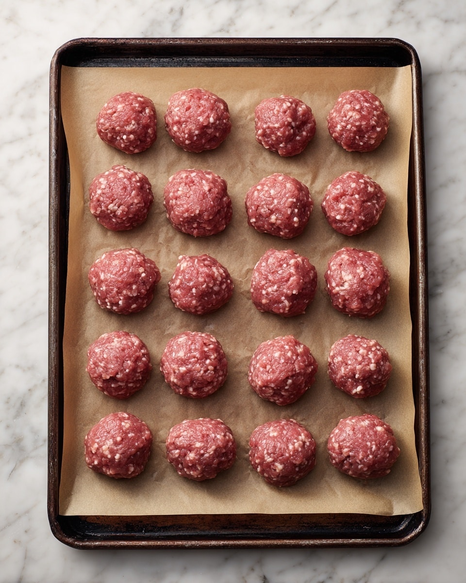 A dark brown baking tray is covered with light brown parchment paper, holding 36 evenly spaced, raw meatballs arranged in neat rows. Each meatball is round, with a reddish-pink color and small white specks of seasoning visible throughout. The texture looks soft yet firm, showing natural unevenness from being shaped by hand. The baking tray edges show some slight wear, adding a rustic feel. The background is a white marbled surface. Photo taken with an iphone --ar 4:5 --v 7