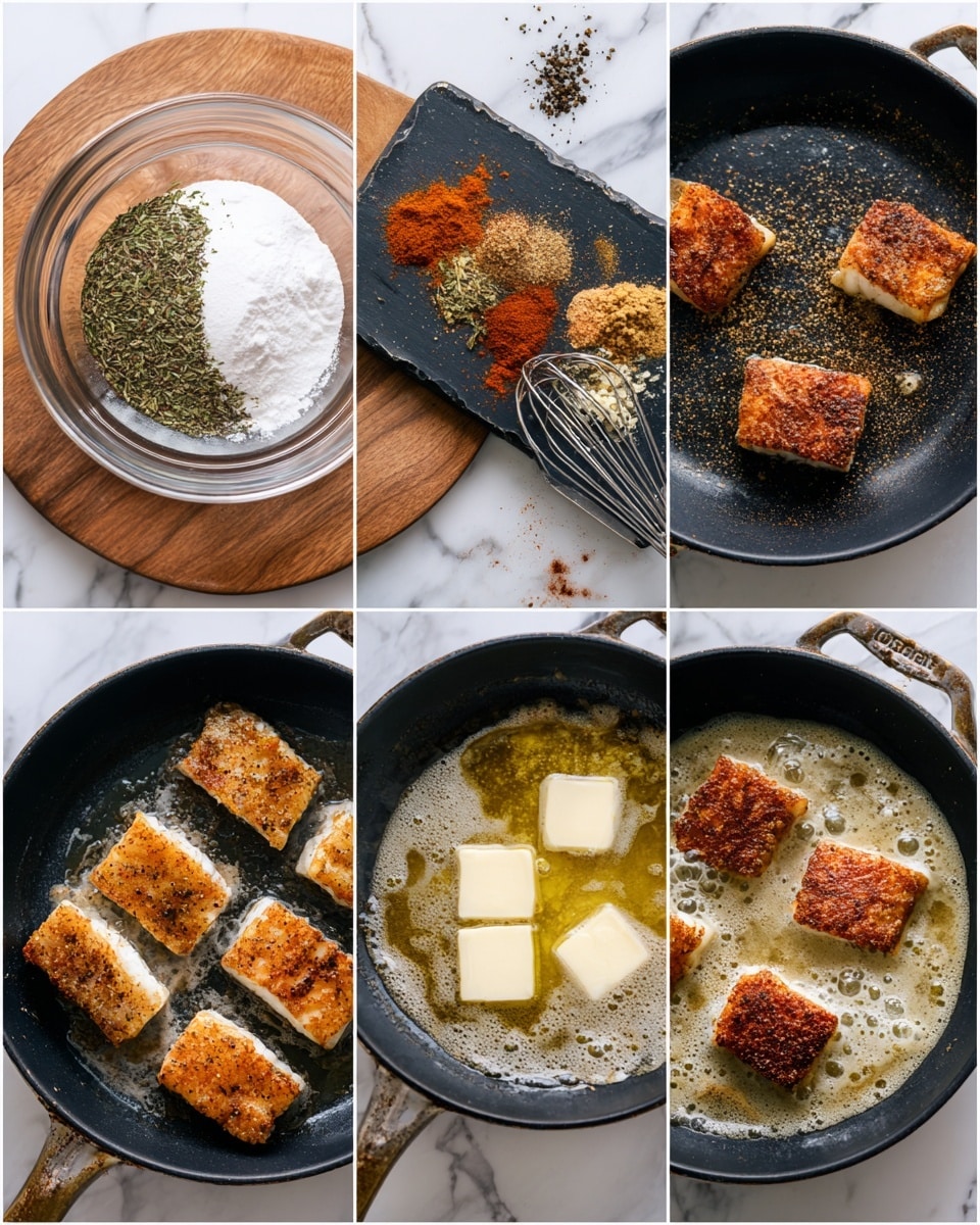 The dish shows one thick, golden-brown grilled fish fillet with a slightly crispy texture, placed centrally on a bed of fluffy white rice sprinkled with green chopped herbs. Two bright yellow lemon slices and a delicate purple orchid flower rest beside the fish on the right side of the white wooden plate. A light sauce with small garlic bits is drizzled over the fish. The plate sits on a surface with a white marbled texture, near a silver fork and a blue-striped cloth. Photo taken with an iphone --ar 4:5 --v 7