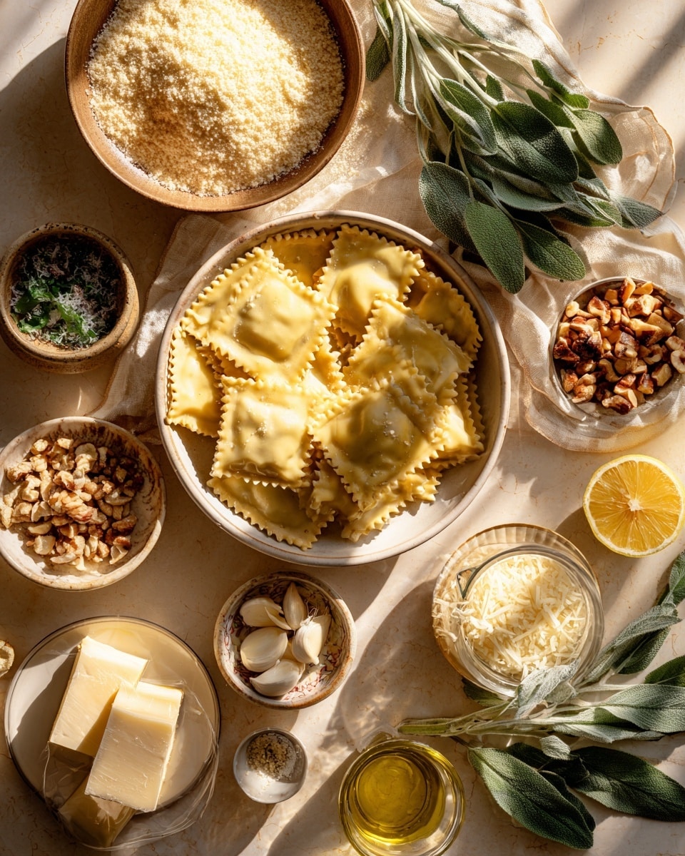 This image shows a white scalloped plate filled with one layer of golden yellow ravioli. Each ravioli has a slightly ridged edge, and on top, there are small chopped nuts and green herb pieces scattered evenly. A light sprinkling of grated white cheese covers the ravioli along with a topping of crunchy golden brown breadcrumbs around the edges. There are also two small bunches of fresh green sage leaves placed on opposite sides of the plate. The plate sits on a white marbled surface, next to a wooden spoon and a dark red cloth. Photo taken with an iphone --ar 4:5 --v 7