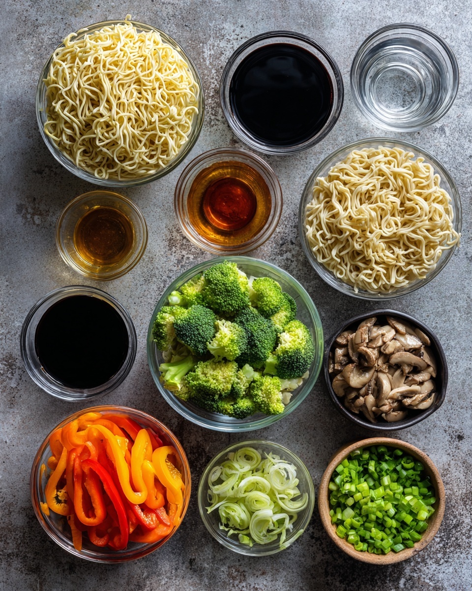 A black pan filled with mixed stir-fried noodles as the main layer, golden-yellow and curly with a slight shine. Scattered throughout the noodles are layers of bright green broccoli florets and slices of orange carrot sticks. Thin red strips of red bell pepper add color contrast, while small pieces of light brown cooked chicken are spread evenly. Green chopped scallions are sprinkled on top, adding bits of fresh deep green color. The pan is placed on a dark green cloth over a white marbled surface. Nearby, a small white bowl is filled with more chopped green scallions, and stacked white plates with light beige patterns are partly visible at the top right, with wooden chopsticks resting on them. A wooden spoon and fork rest inside the pan near the left edge. Photo taken with an iphone --ar 4:5 --v 7