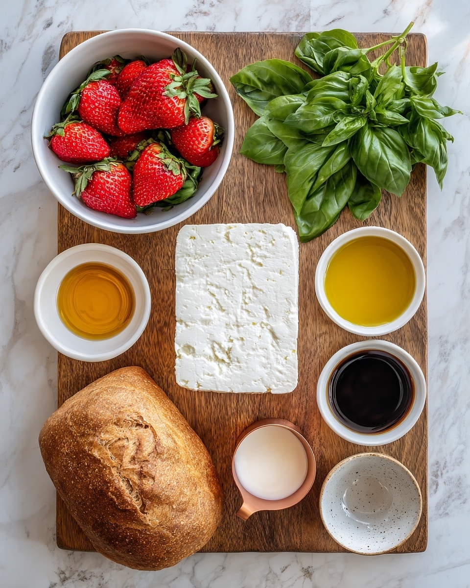 The image shows a wooden board on a white marbled surface with different ingredients arranged neatly. On the left side, there is a white bowl filled with bright red strawberries with green leaves on top. Below the bowl is a golden brown loaf of bread with a rough texture. In the center, there is a white bowl holding a thick square block of white feta cheese with a crumbly texture. To the right, there are fresh dark green basil leaves lying on the board. Above the cheese, there are four small white bowls or cups arranged in a row: one copper measuring cup filled with thick white yogurt, a speckled bowl with golden yellow olive oil, a small speckled bowl with light amber honey, and a tiny white cup with dark balsamic vinegar. The scene is clean and bright, with all the food items clearly shown. photo taken with an iphone --ar 4:5 --v 7
