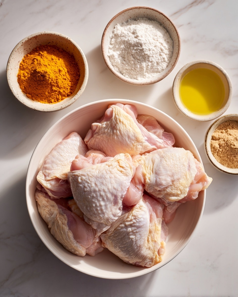 A large white bowl is filled with several pieces of raw chicken thighs, pale pink with visible fat in cream and white colors, arranged loosely inside. Around the bowl, there are three small ceramic bowls placed on a white marbled surface; the top left bowl holds bright orange turmeric powder, the top right bowl contains white flour or cornstarch, the bottom right bowl has yellow olive oil, and the bottom left bowl holds light brown ginger powder. The overall scene looks clean and ready for cooking, with soft daylight highlighting the textures of all ingredients. photo taken with an iphone --ar 4:5 --v 7