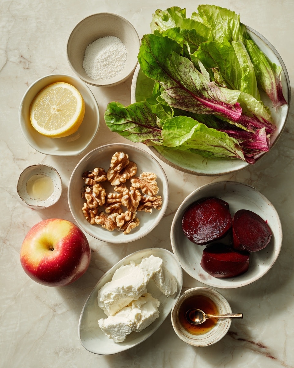 A large white plate filled with a fresh salad on a white marbled surface with a green cloth underneath; the salad has three layers: the bottom layer is green and purple leafy lettuce, the middle layer consists of chopped dark red beet pieces and small red and white apple chunks, and the top layer is sprinkled with white soft cheese and light brown walnut halves. Around the plate, there are small white bowls holding more apple pieces, beet pieces, walnut halves, and a white dish with a block of soft cheese. Two wooden salad spoons rest naturally on the edges of the plate. Photo taken with an iphone --ar 4:5 --v 7