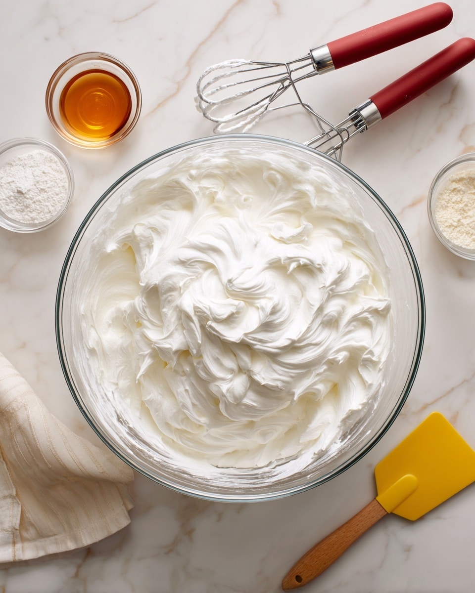 The image shows several clear glass bowls placed on a white marbled surface, each containing different ingredients. At the bottom center is a bowl filled with a smooth, bright yellow mixture with a slightly glossy texture. To the right is a bowl full of white granulated sugar, and near the top left is a smaller bowl with a pale white powder. Another small bowl at the top has a light brown liquid. Four brown eggs are arranged in a loose cluster near the center, with a vivid yellow spatula lying next to them on the left side. The overall scene looks neat and organized, with soft, natural lighting. Photo taken with an iphone --ar 4:5 --v 7