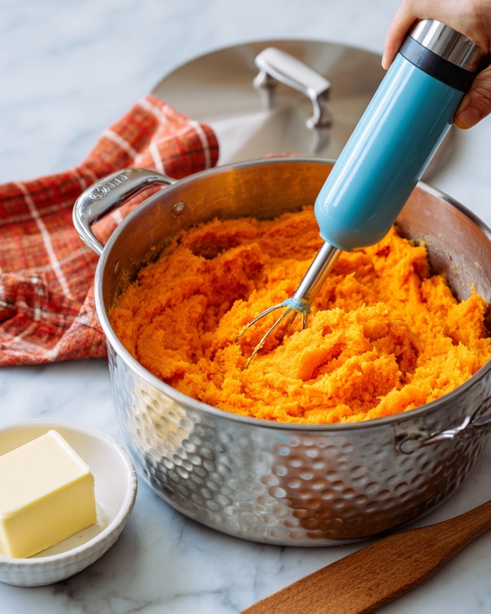 In a white bowl, there is a thick layer of orange mashed sweet potatoes mixed with small green herb pieces, giving it a slightly rough texture with peaks and valleys. On top, a few whole fried sage leaves lie flat, adding a dark green contrast. The bowl sits on a white marbled surface next to a shiny silver spoon and an orange plaid cloth with red stripes. The dish looks warm and comforting with a rustic style photo taken with an iphone --ar 4:5 --v 7