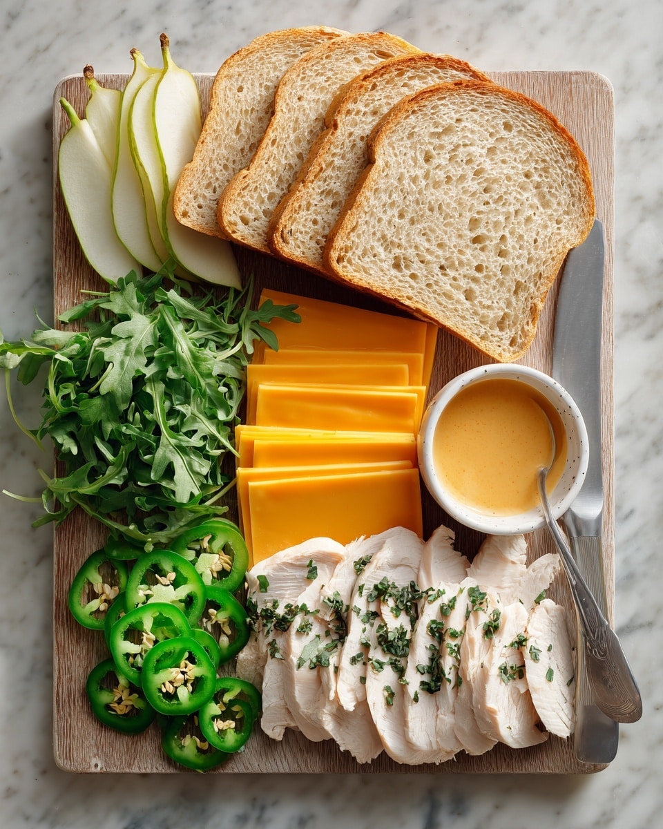 The image shows a wooden board with arranged ingredients for a sandwich: four slices of light brown bread stacked in the top center, a small pile of green leafy arugula on the top left, thin slices of yellow pear next to the arugula, four bright orange cheddar cheese slices overlapping below the pear, several slices of green jalapeño peppers on the bottom left, and a neat row of white cooked chicken slices with herbs on the bottom right. A small white speckled bowl with light orange sauce and a spoon rests near the top right of the board, next to a silver knife with a grey handle. The surface below is a white marbled texture photo taken with an iphone --ar 4:5 --v 7