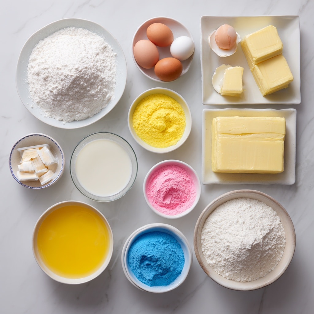 A slice of three-layer cake stands on a white plate on a white marbled surface. The cake's bottom layer is bright blue with a soft texture, the middle layer is vibrant yellow, and the top layer is pink with a slightly crumbly look. Bright yellow frosting covers the cake's top and sides, decorated with small pastel-colored round sprinkles and tiny white egg-shaped candies. The background is softly blurred wood tones, with pastel-colored egg decorations partially visible in the lower corner. Photo taken with an iphone --ar 4:5 --v 7