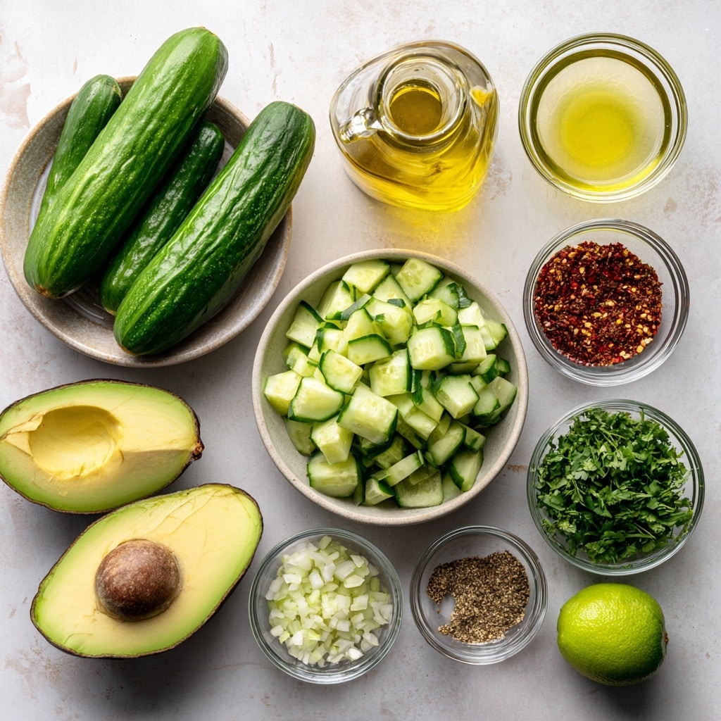 The image shows a clear glass bowl filled with a fresh salad made of sliced green cucumbers and chunks of green avocado. The salad is mixed with small green herb pieces and sprinkled with red chili flakes and black pepper flakes. A silver spoon is placed inside the bowl resting on the left side. The texture of the salad appears fresh and slightly wet from dressing. The bowl is set on a white marbled surface with a small visible part of a lemon wedge in the lower right corner. photo taken with an iphone --ar 4:5 --v 7