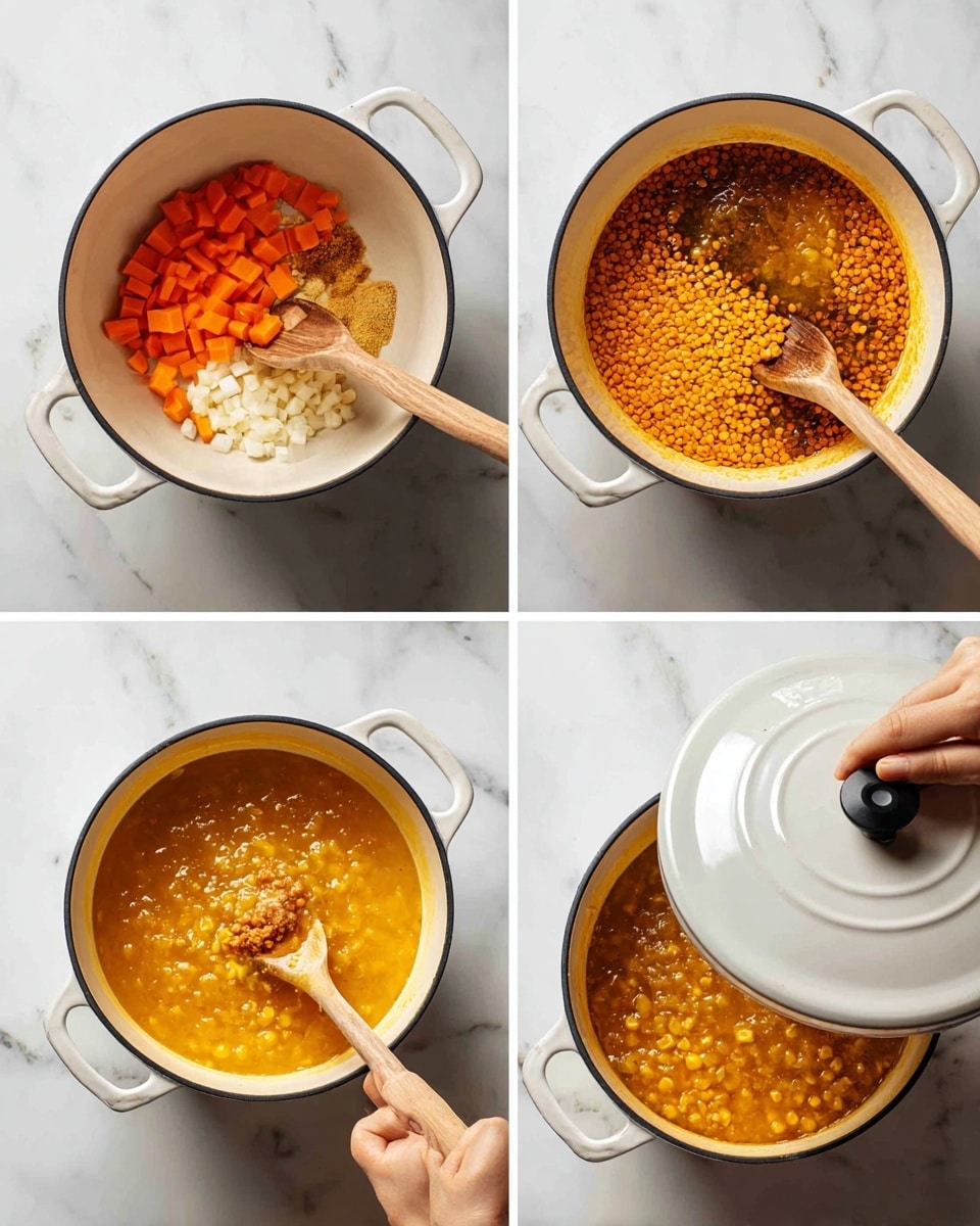 A white pot with a black rim sits on a white marbled surface shown in four stages of making a dish. The first stage has orange carrot cubes, chopped onions, and minced garlic being stirred by a wooden spoon held by a woman's hand. The second stage shows a thick golden liquid with yellow corn kernels and red lentils alongside brown spices on top, with the wooden spoon stirring. In the third stage, a woman's hand places a matching white lid with a black knob partially over the pot, showing bubbling orange-yellow soup inside. The last stage focuses on a silver immersion blender blending the thick orange-yellow mixture with visible corn pieces. Photo taken with an iphone --ar 4:5 --v 7
