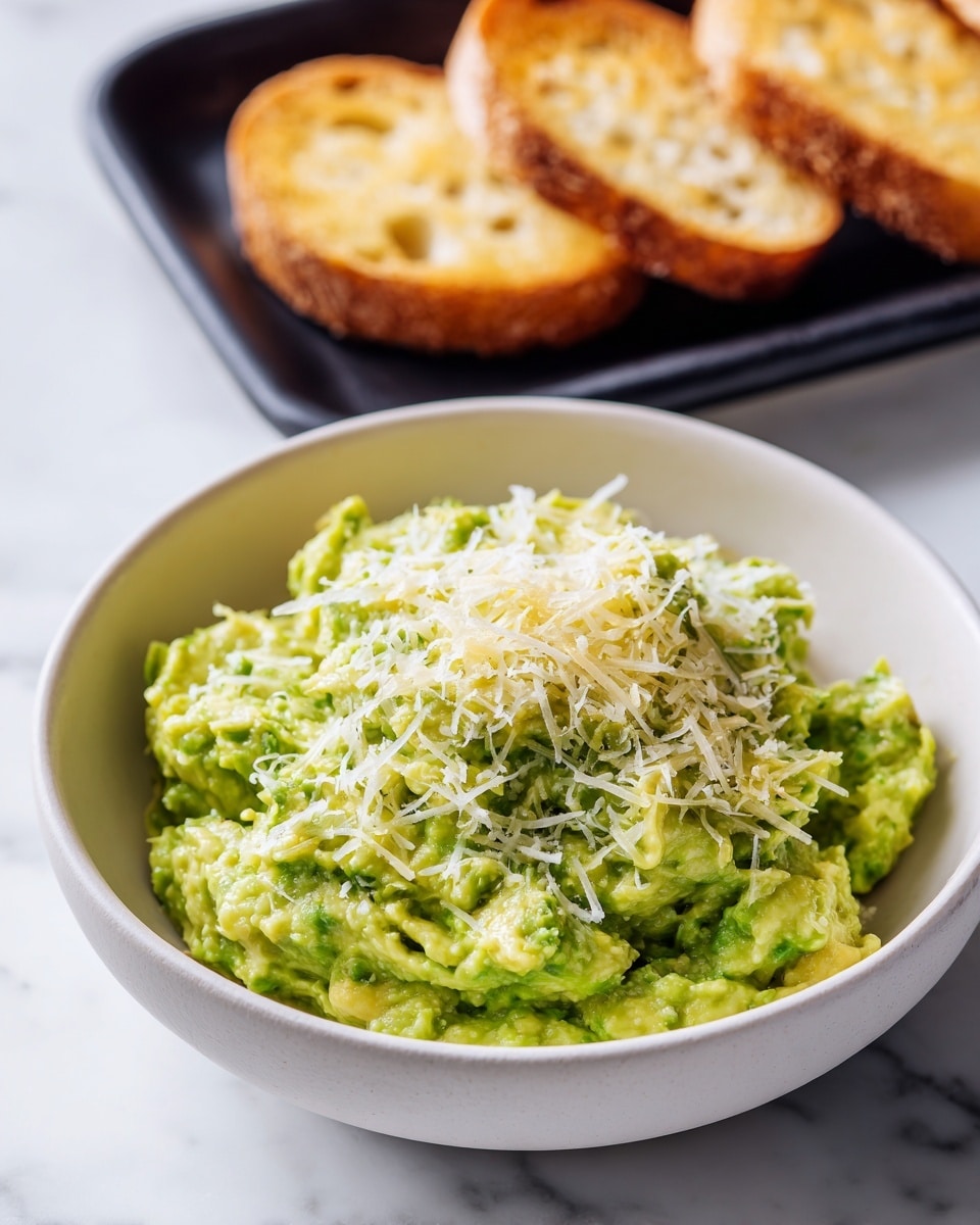 A white bowl sits on a white marbled surface filled with two layers of ingredients: the bottom layer is bright green mashed avocado with a slightly chunky texture, and the top layer is a loose sprinkle of finely shredded pale yellow cheese covering about half of the avocado. In the background, a black baking tray holds three round toasted bread slices, golden brown with a crisp texture. Photo taken with an iphone --ar 4:5 --v 7