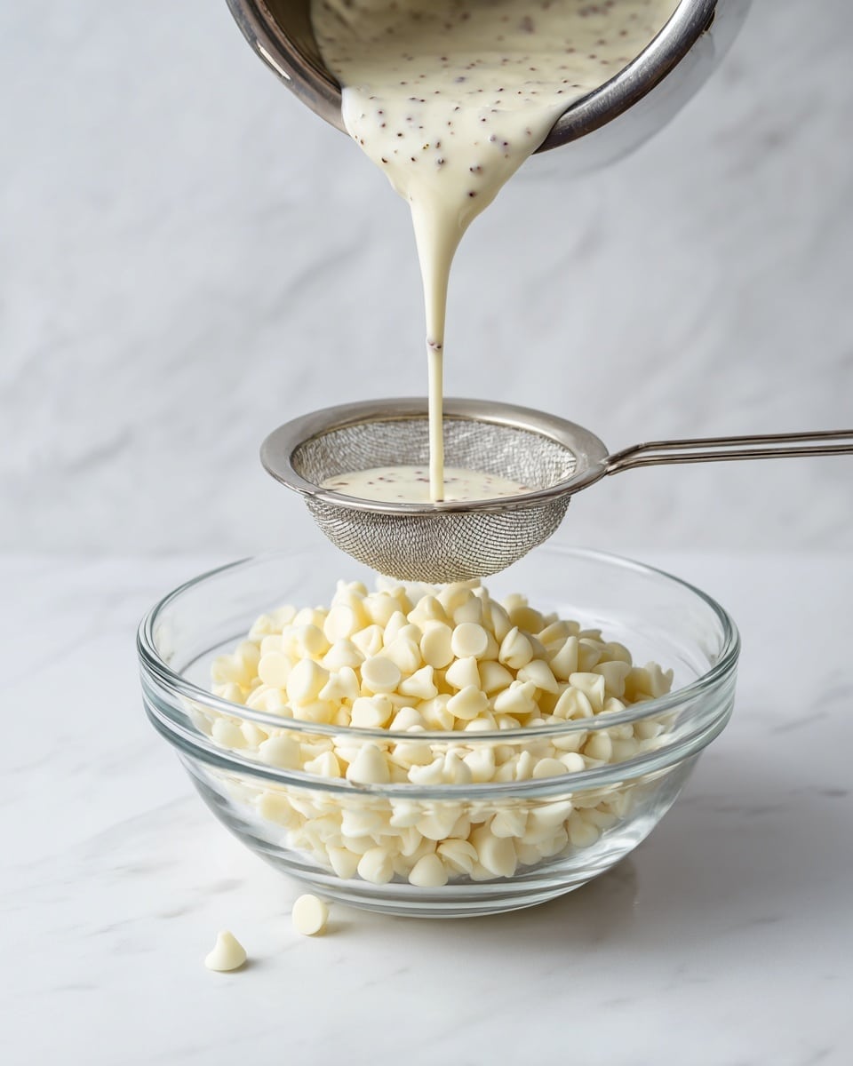 A clear glass bowl filled with a single layer of small white chocolate chips sits on a white marbled surface. Above the bowl, a small silver pot is tilted, pouring a creamy white liquid through a silver mesh strainer into the bowl below. The creamy liquid has small dark specks in it, creating a speckled texture as it falls in a thin stream through the strainer, landing gently on the chocolate chips. photo taken with an iphone --ar 4:5 --v 7