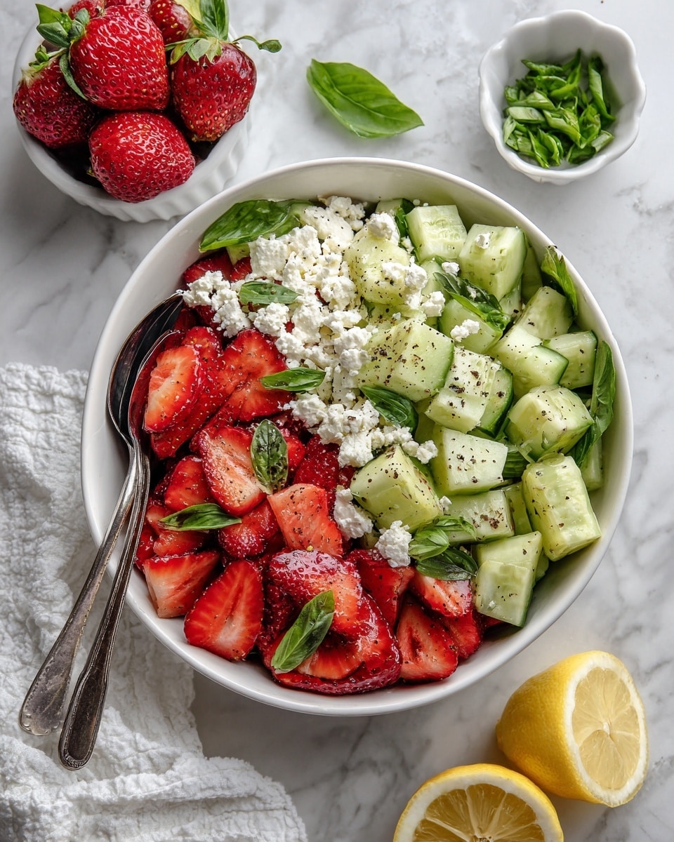A white bowl contains a salad with three main layers: the bottom layer is sliced red strawberries; the second layer is thick, uneven chunks of pale green cucumber; the top layer is crumbled white cheese scattered across the salad, sprinkled with thin strips of fresh green basil leaves and black pepper. The bowl is placed on a white marbled surface and holds a silver fork and spoon resting inside on the salad's left side. Nearby, a small white dish holds whole strawberries, another small white dish contains more shredded green basil, and two halves of a bright yellow lemon sit close to the bottom right. A white textured cloth is placed near the bowl's left bottom edge. Photo taken with an iphone --ar 4:5 --v 7
